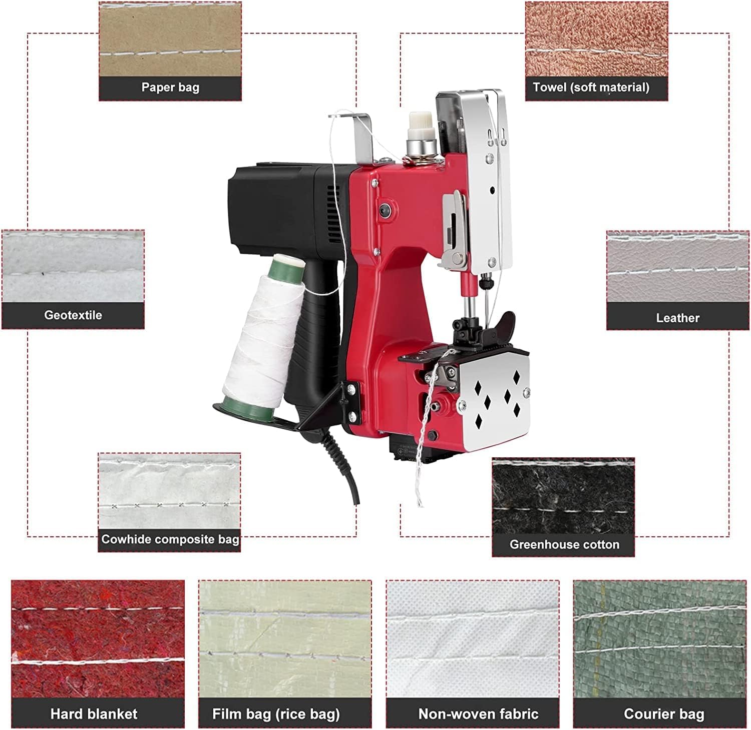 Maquina de Coser Portátiles,220V cosedora de sacos,2600 puntadas/minuto Selladora Eléctrica para Sacos, Bolsas Tejidas y Bolsas de Papel(Rojo)