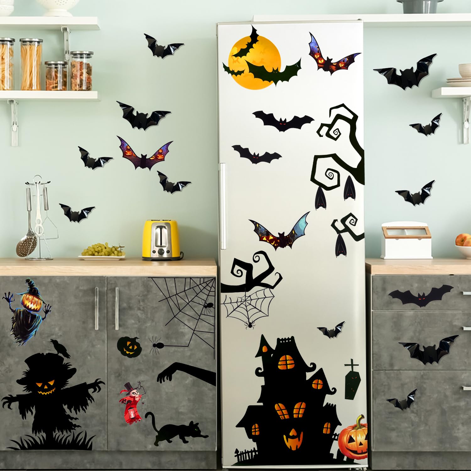 Mauts 149pcs Halloween Window Stickers Glass Decals for Halloween Party Decorations and 16pcs 3D Bats Decoration-4 Sizes Realistic PVC Scary Bats Window Decal Wall Stickers - Image 3