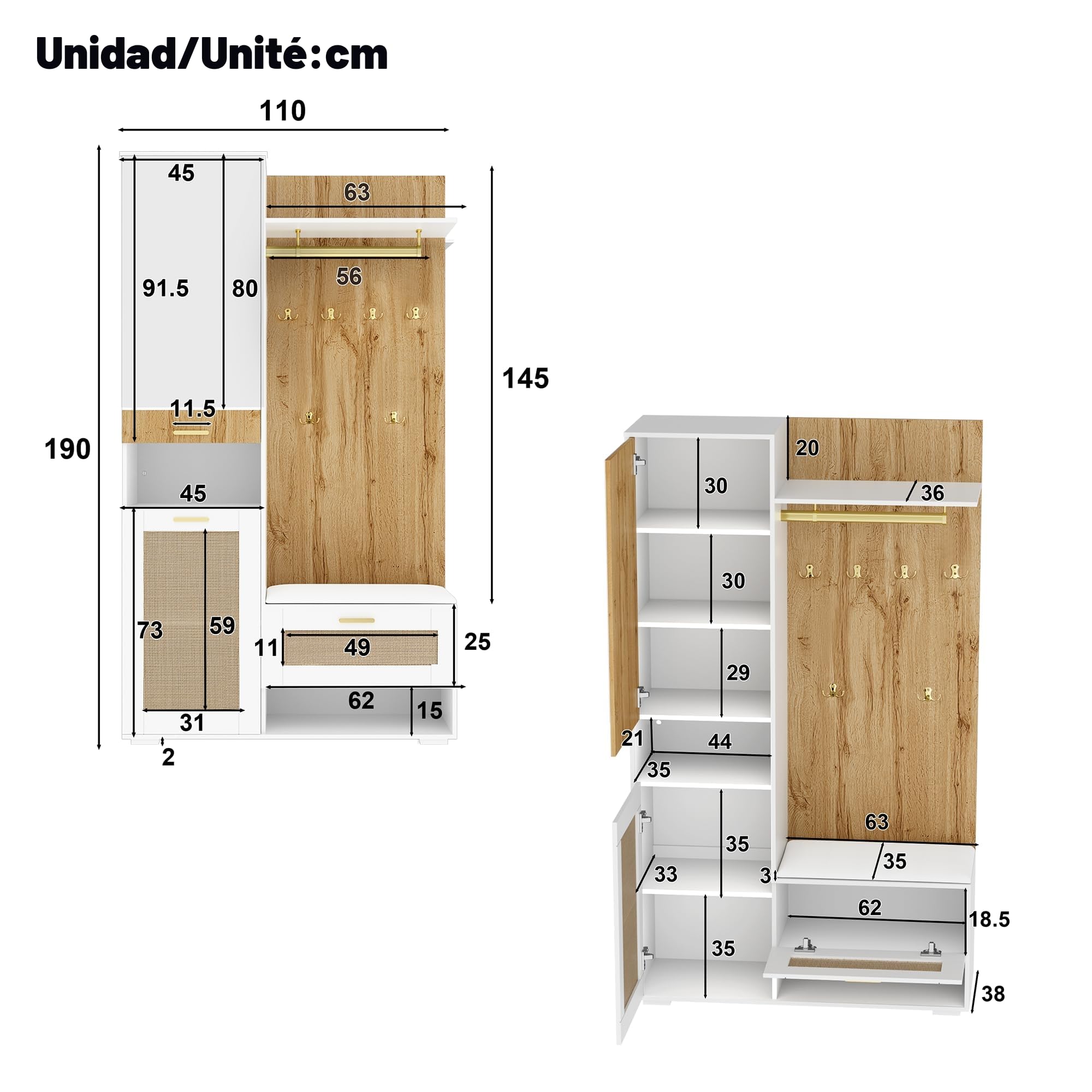 Moimhear Juego de guardarropas, 110x38x190cm, juego de armario con espejo, 5 perchas doradas, zapatero, perchero de pared, banco y iluminación LED de 16 colores