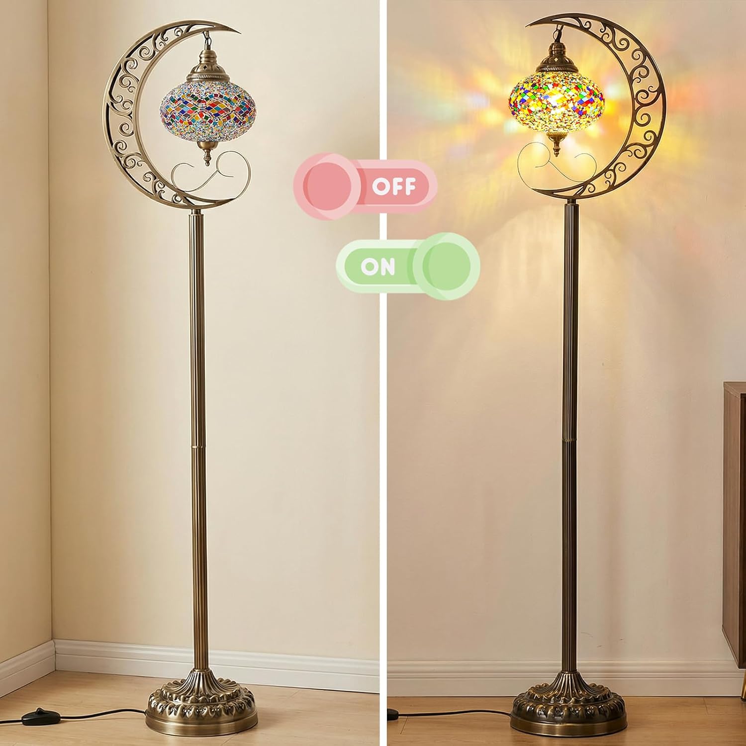 Turkish Moroccan Mosaic Floor Lamp – 60 Inch Moon Design Standing Light, Tiffany Style Boho Vintage Decorative Lighting for Living Room Bedroom Corner