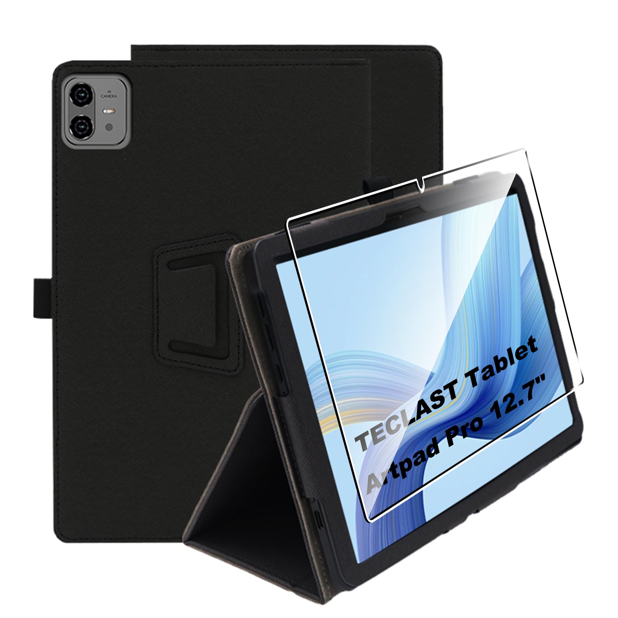 zZjoOoj Hülle für TECLAST ArtPad Pro 12.7 Zoll Tablet Schutzhülle,Ultra Dünn PU Case Cover,Tablet Protection Bundle with 1 Stück 9H Härte Anti-Kratzen Folie, Vertical Stand Function,Schwarz