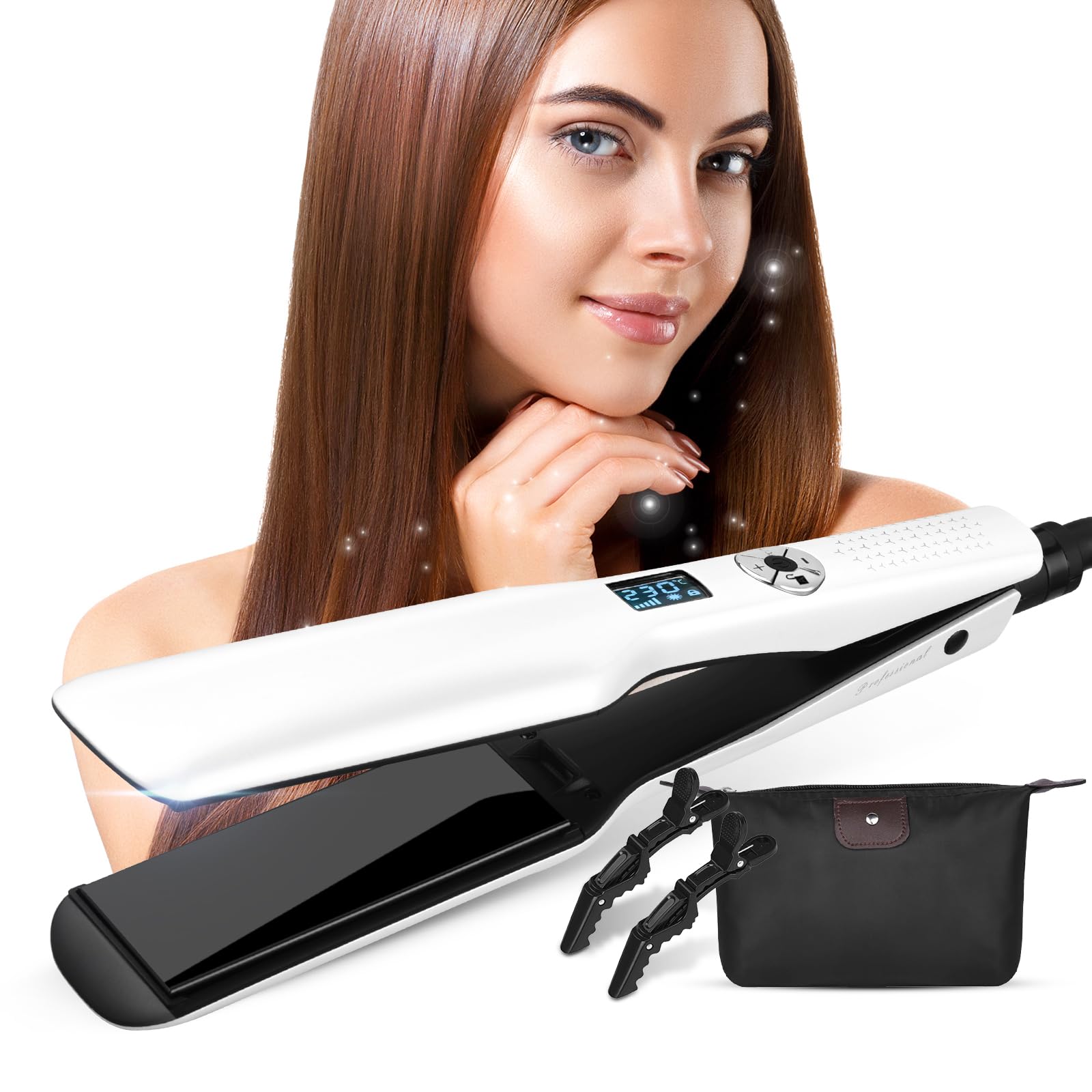 Plancha De Pelo Profesional, Plancha De Pelo, Placa Calefactora Más Ancha, Plancha De Pelo Con Pantalla Lcd, Herramienta De Peinado Ptc, Blanco