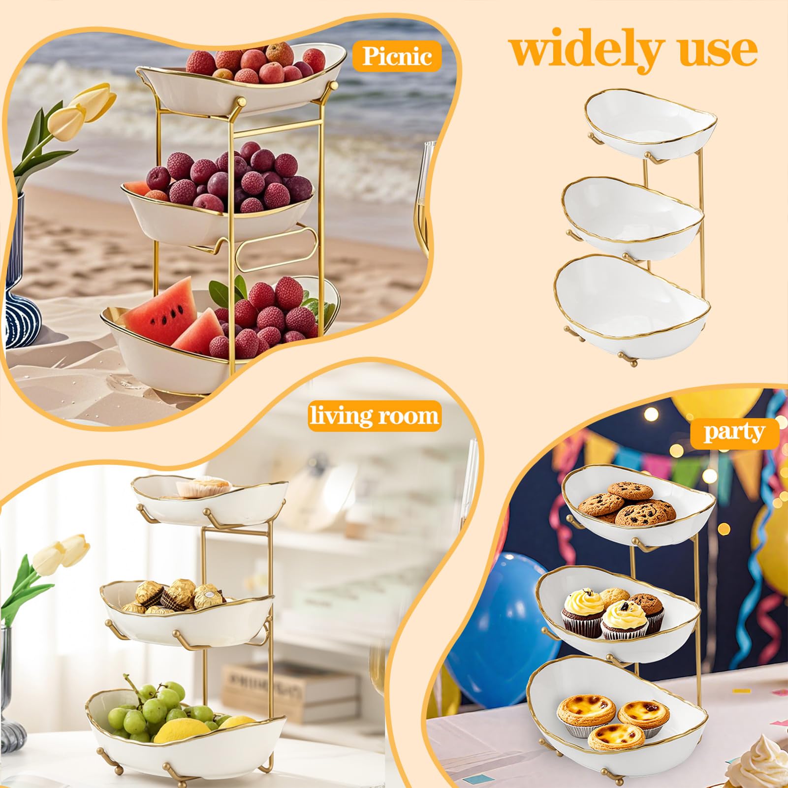 Juego de Cuencos de Servir de 3 Niveles con Soporte de Metal Plegable más Grueso, Platos ovalados para entretener Soporte de Servir Escalonado para Frutas, postres, Dulces, Patatas Fritas y