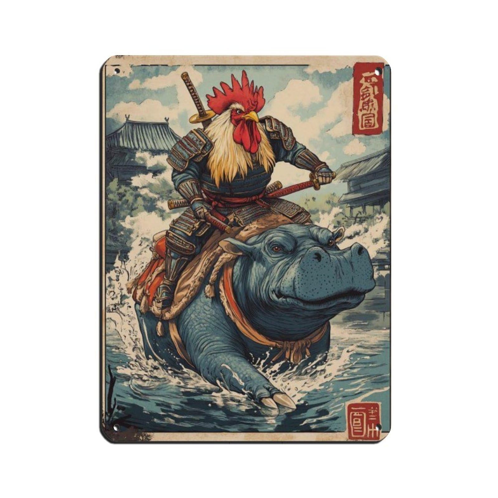 Lxwnze 30L X 40W Cm Unique Rooster Hippo Warrior Poster Tin Sign Vintage Metal Pub Club Cafe Bar Home Wall Art Decoration Poster Retro 12X16inch(30X40cm)