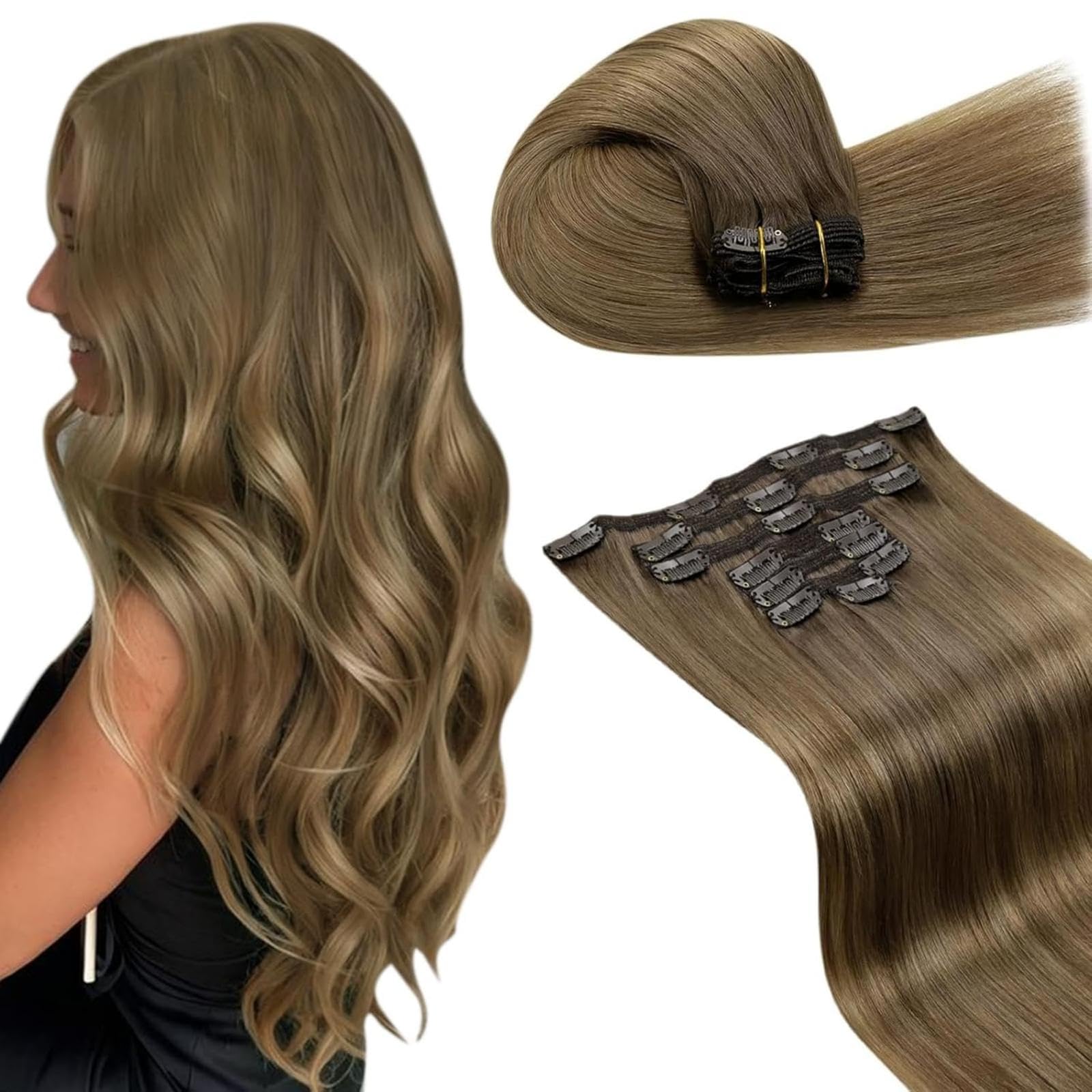 LaaVoo Echthaar Extensions Clip in 60cm Natürliches Hellbraun mit sanften Highlights Clips Extensions Echthaar für Alltag Extensions Echthaar Clip Glatt 135g 7PCS #6/8/14