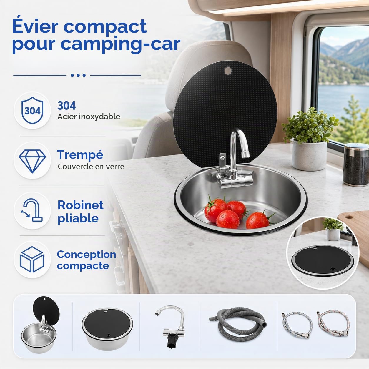Évier de cuisine à fermeture éclair - 34 x 15 cm - En acier inoxydable - Avec robinet pliable - Pour camping-car, caravane, camping-car