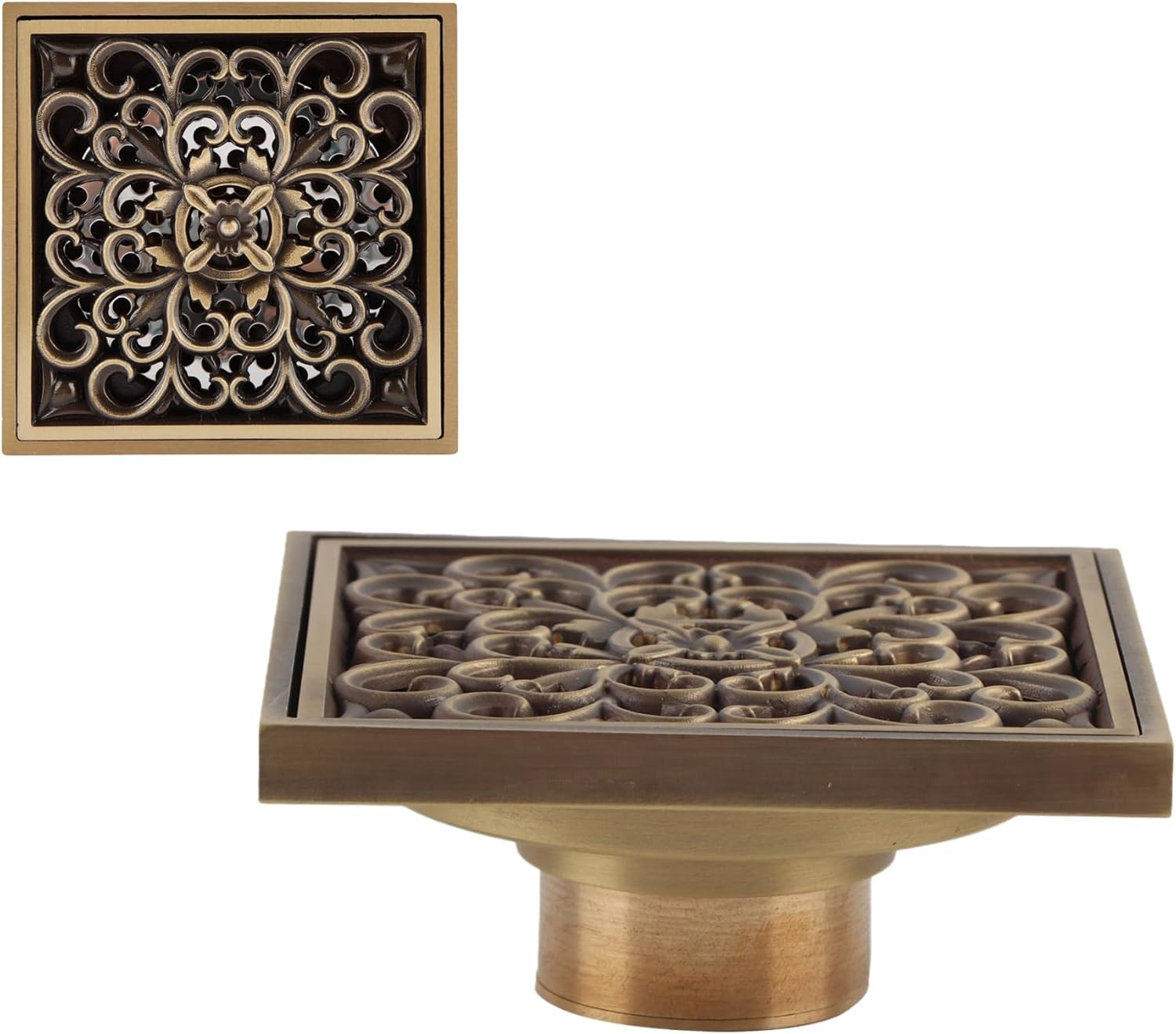 AUNMAS 4 Inch Brass Bathroom Floor Drain with Removable Cover, Art Carved Flower Pattern Shower Sink Drain Strainer for Hotel Home (1#)