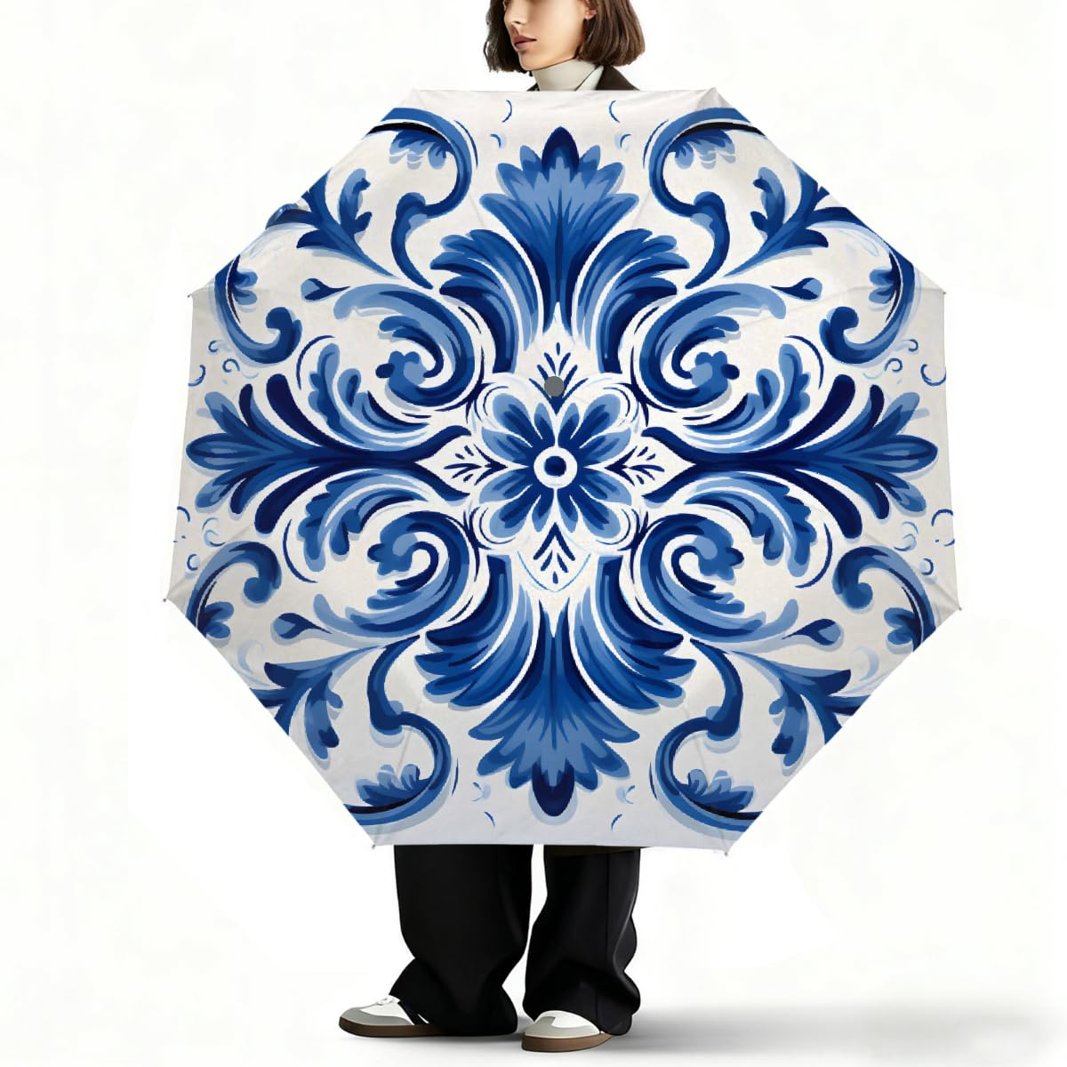 Ombrello pieghevole da viaggio con motivo floreale blu e bianco in ceramica, compatto, antivento, impermeabile con protezione UV, rivestimento nero, leggero, 8 costine, portatile, per pioggia