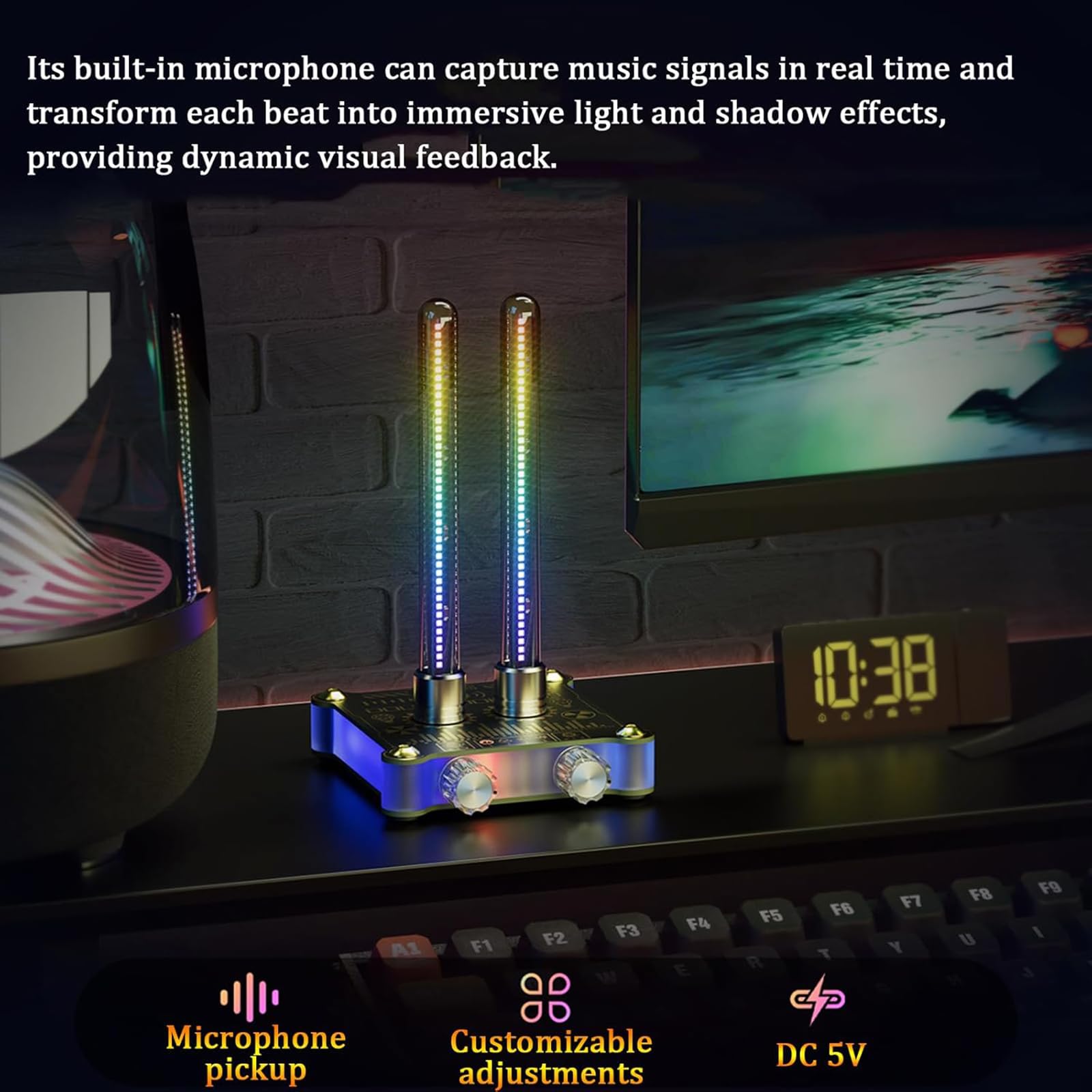 Analizador de espectro de audio LED, diseño retro de tubo Nixie, velocidad y brillo ajustables, ajuste de ganancia para decoración de escritorio del hogar