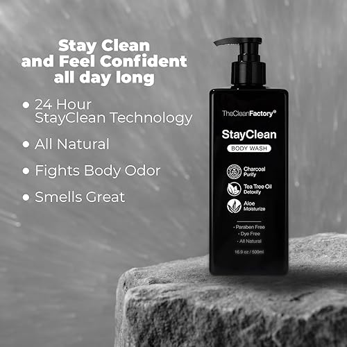 Miniatura 4 de The Clean Factory StayClean Gel de baño para hombre con tecnología hidratante StayClean las 24 horas. Árbol de té de carbón activado y aloe. Jabón