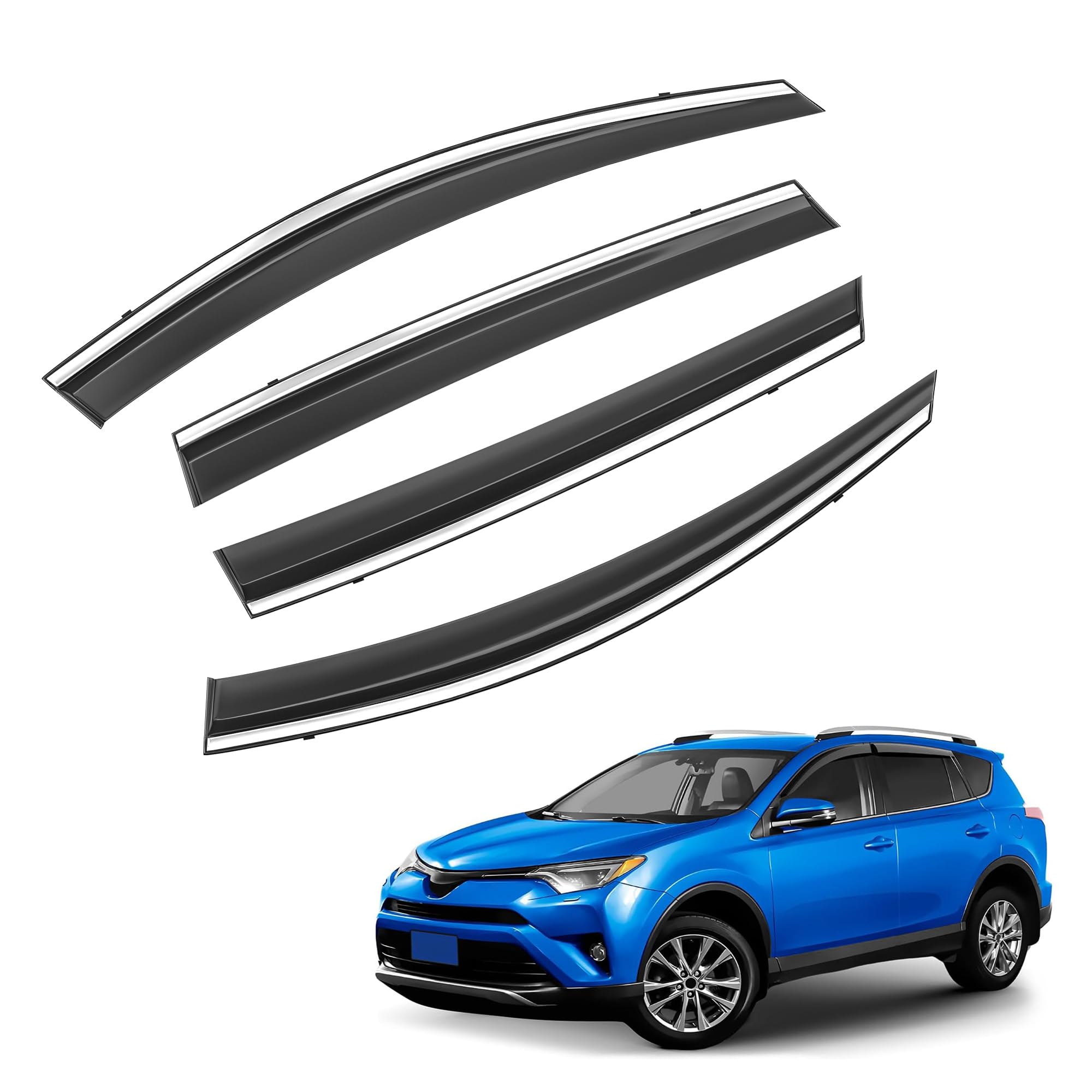 Shatterproof Taped-On Window Deflectors for Toyota Rav4 2013-2018 with Chrome Trim, Rain Guards, Window Visors for Car, Vent Deflector, 4pcs