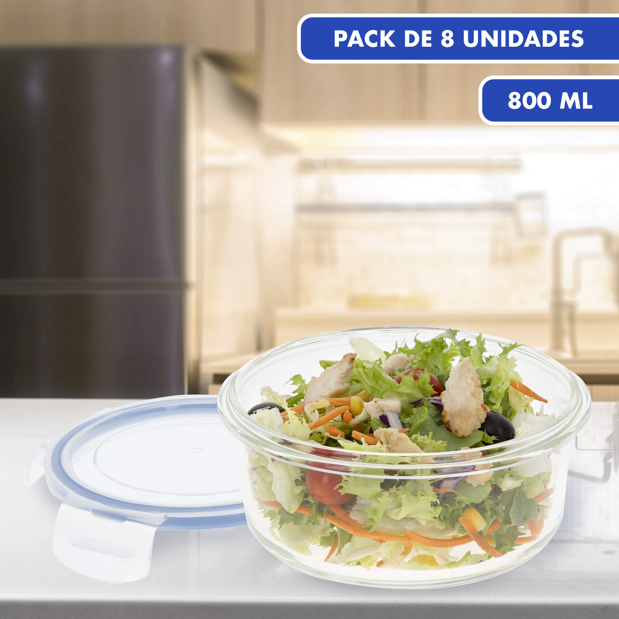 AKTIVE Max Home 8er Pack Luftdichte Glasbehälter 800ml Mikrowellengeeignetes Glas Lebensmittelbehälter mit luftdichtem Verschluss Food Container Runde Form (46)