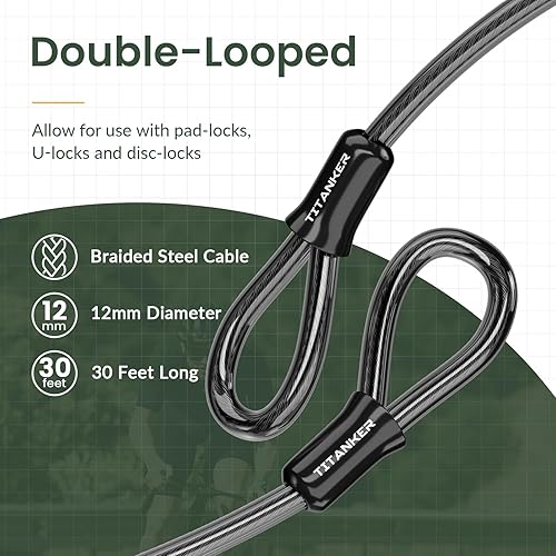 Miniatura 4 de Titanker Cable de bloqueo de bicicleta, cable de seguridad de 0.47 pulgadas de grosor con bucles, cable de acero resistente recubierto de vinilo,