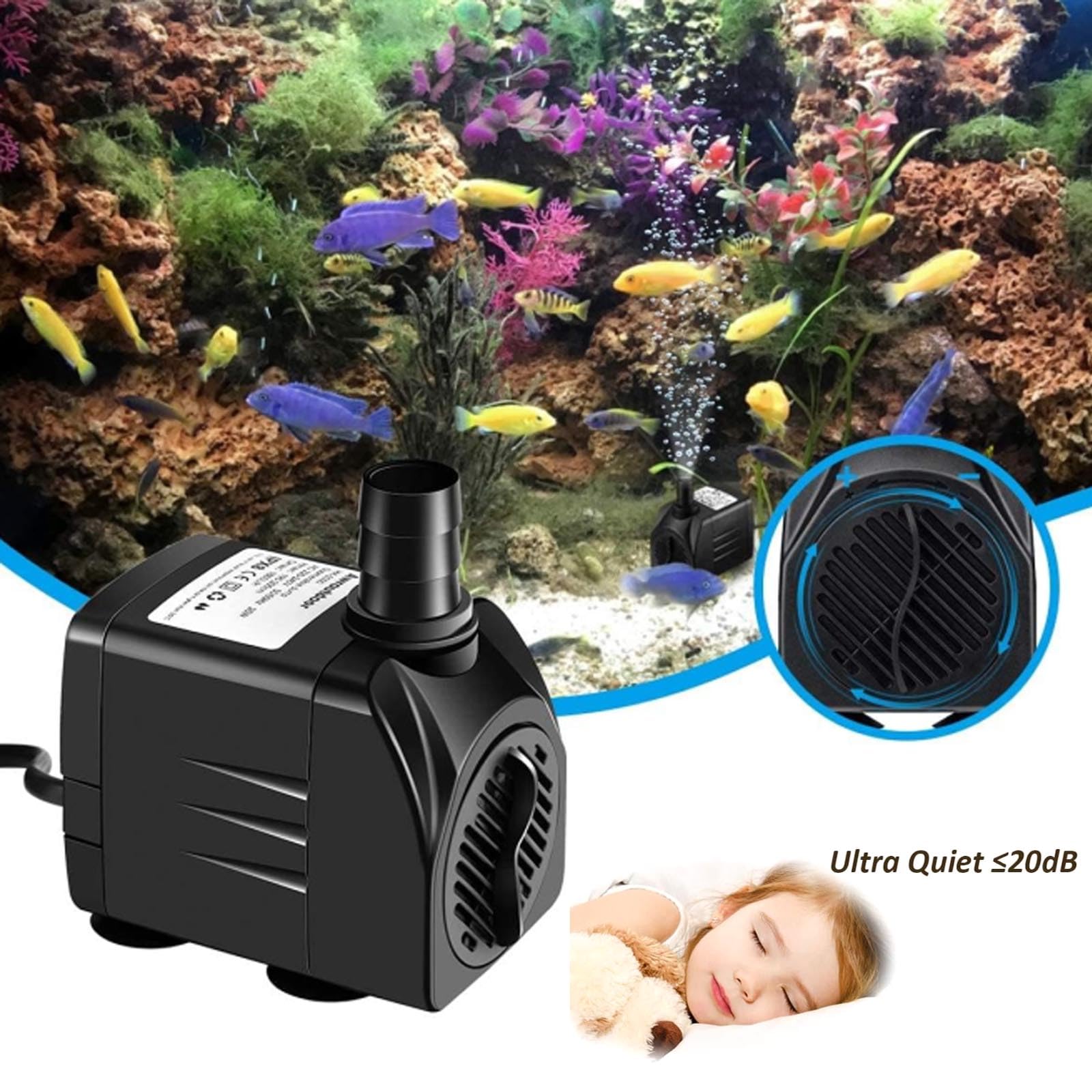 Wasserpumpe sehr leise,Tauchpumpe,160 GPH (600 L/h,10 W), für Teiche,Fische,Schildkröten,Wasserlebewesen,Aquarien,Fischbecken, Statuen,Steingärten,fließendeKunsthandwerke,Tischbrunnen,Hydrokultur,