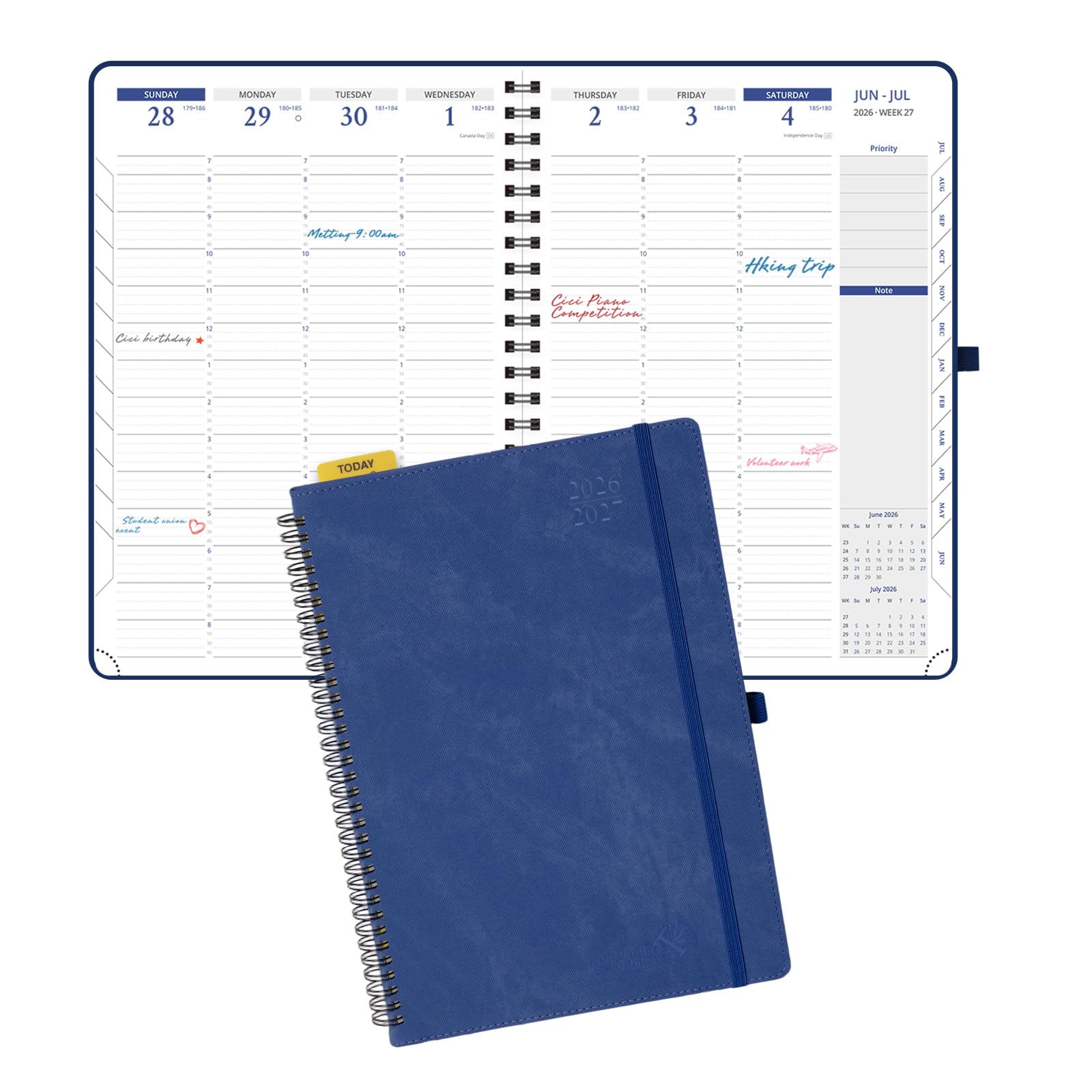 POPRUN Agenda scolaire hebdomadaire 2026-2027, grande taille 21 x 29,8 cm, juillet 2026 à juin 2027, calendrier à spirale avec disposition verticale, fentes horaires de 15 minutes, couverture souple