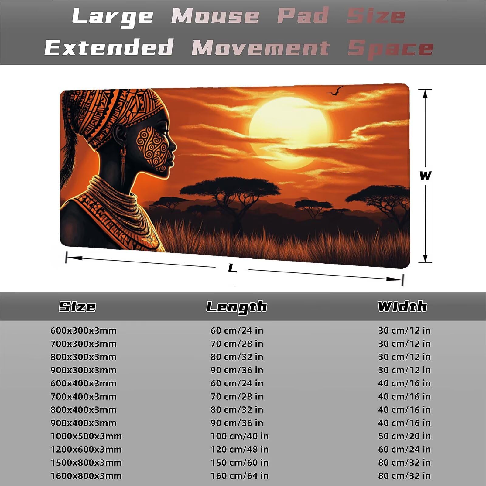 Podkładka pod mysz 1500 x 800 x 3 mm Afryka XXL damska podkładka pod mysz, antypoślizgowa gumowa podstawa ze szwami na krawędziach podkładka pod mysz ulepszona dokładność i szybkość, do komputera