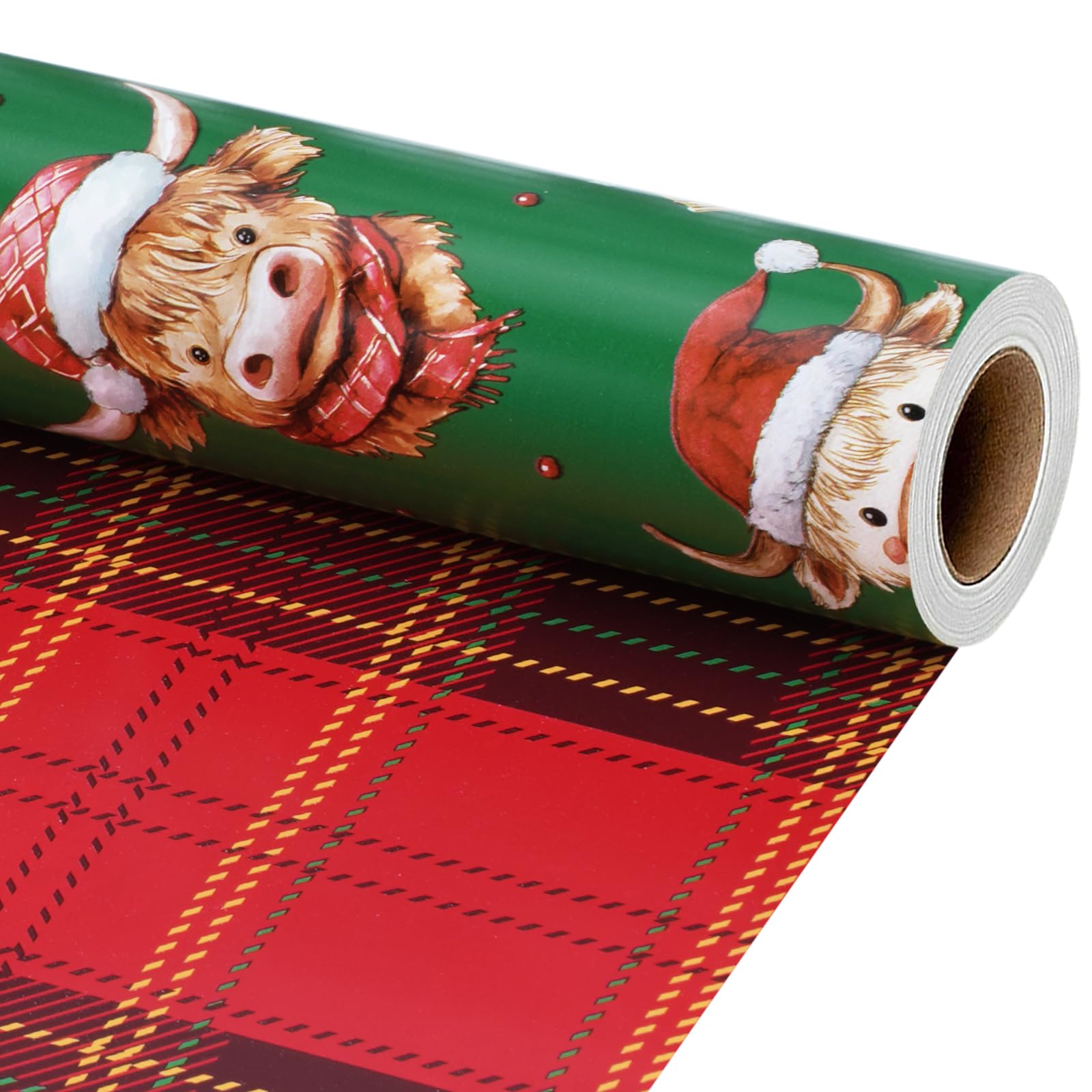 BIOBROWN Christmas Wrapping Paper, Highland Cow & Red Plaid, 43cm x 10m