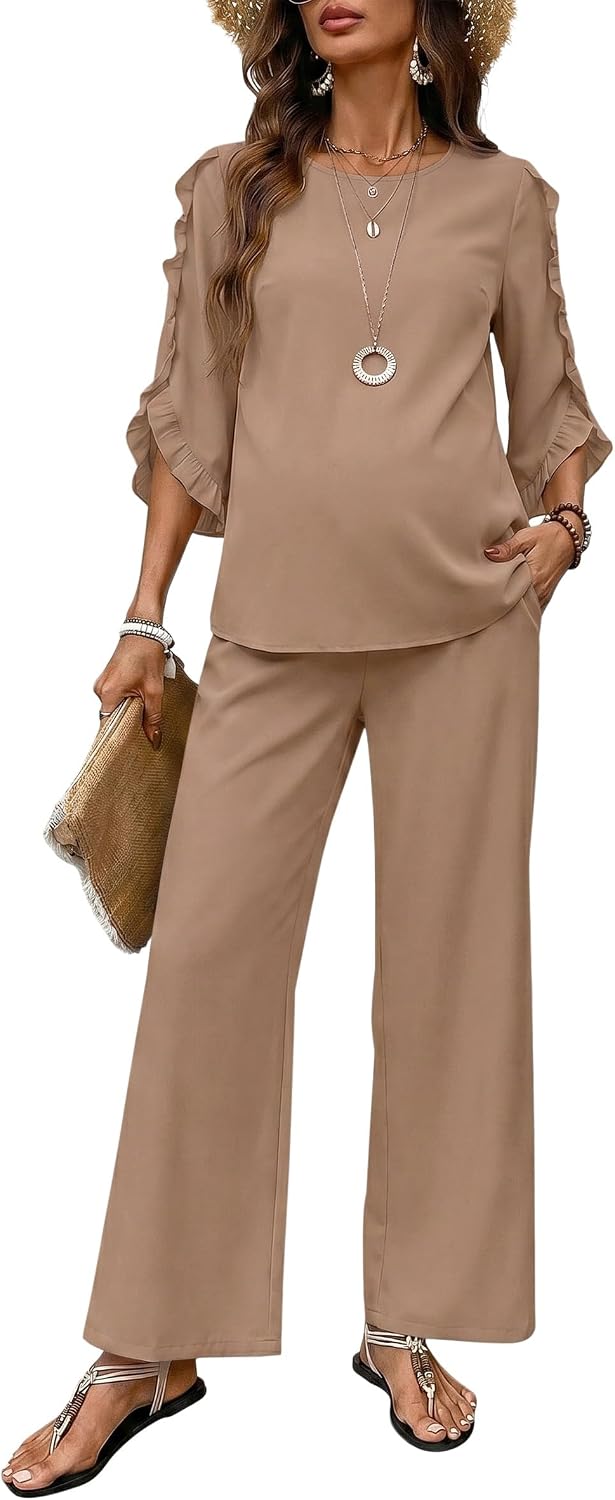 BLENCOT Women's Maternity 3/4 Ruffle Sleeve Two Piece Lounge Set Business Casual Pregnancy Office Outfits with Pockets
