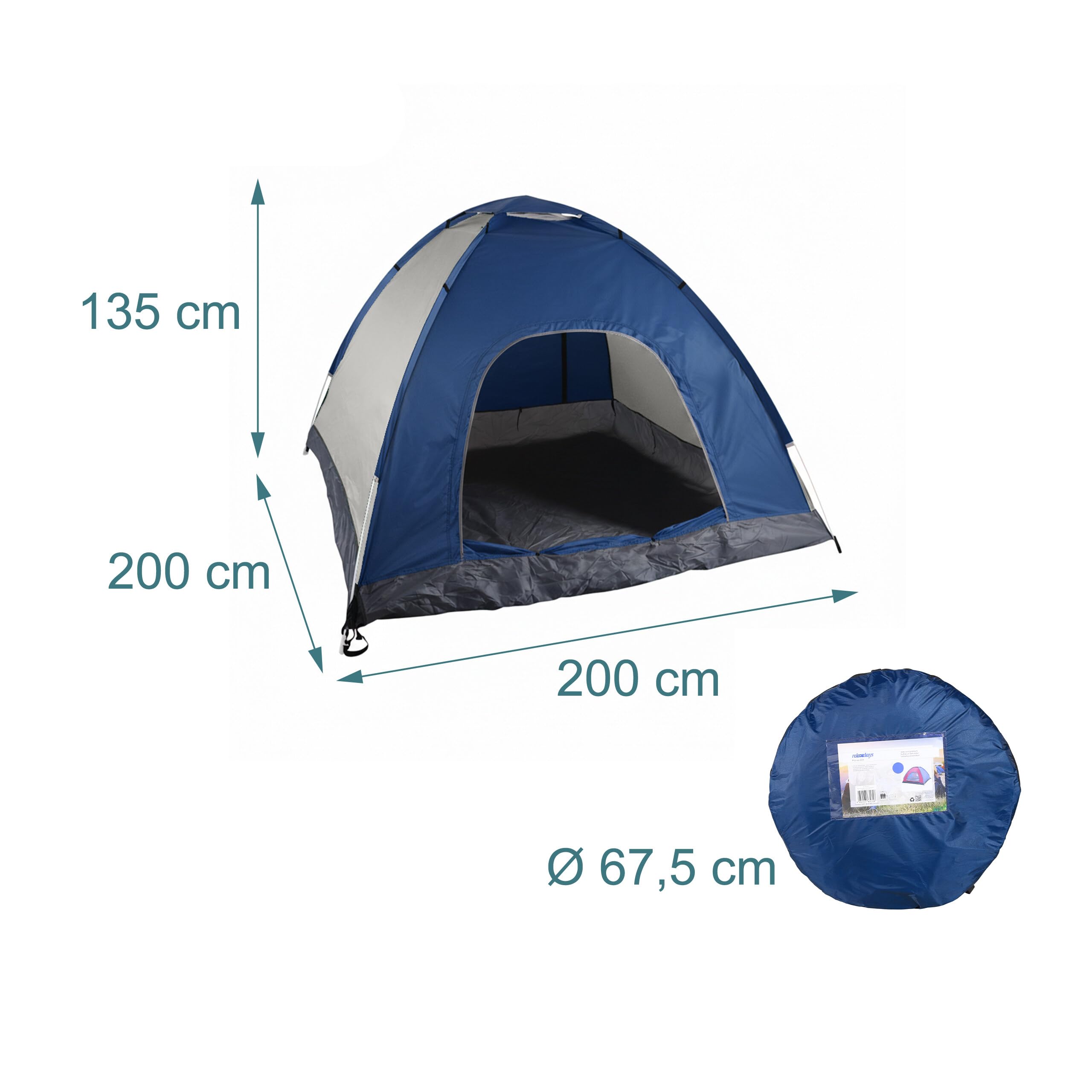 Relaxdays Tenda da campeggio pop-up, 135 x 200 x 200 cm, impermeabile, istantanea, piccola, UV 50+, blu