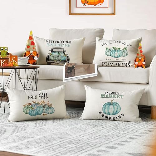 Miniatura 3 de Juego de 4 fundas de almohada de otoño de 12 x 20 pulgadas, fundas de almohada de Acción de Gracias, calabazas azules otoñales, fundas decorativas