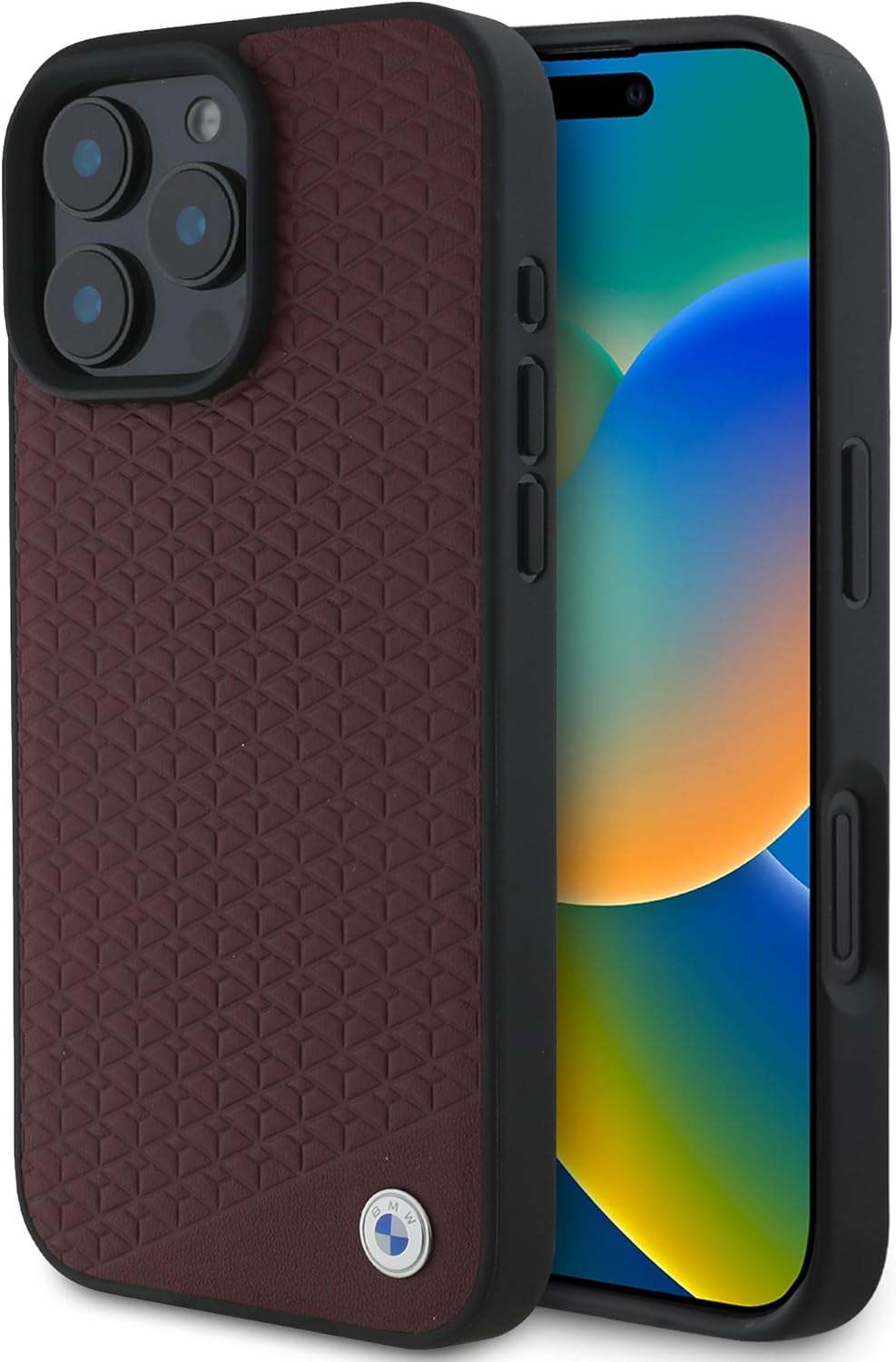 CG MOBILE BMW HC Sign Phone Case Designed for iPhone 16 Pro Max, Durable, Shock Proof, Compatible with Magsafe, Leather Diamond Metal Logo Case RED