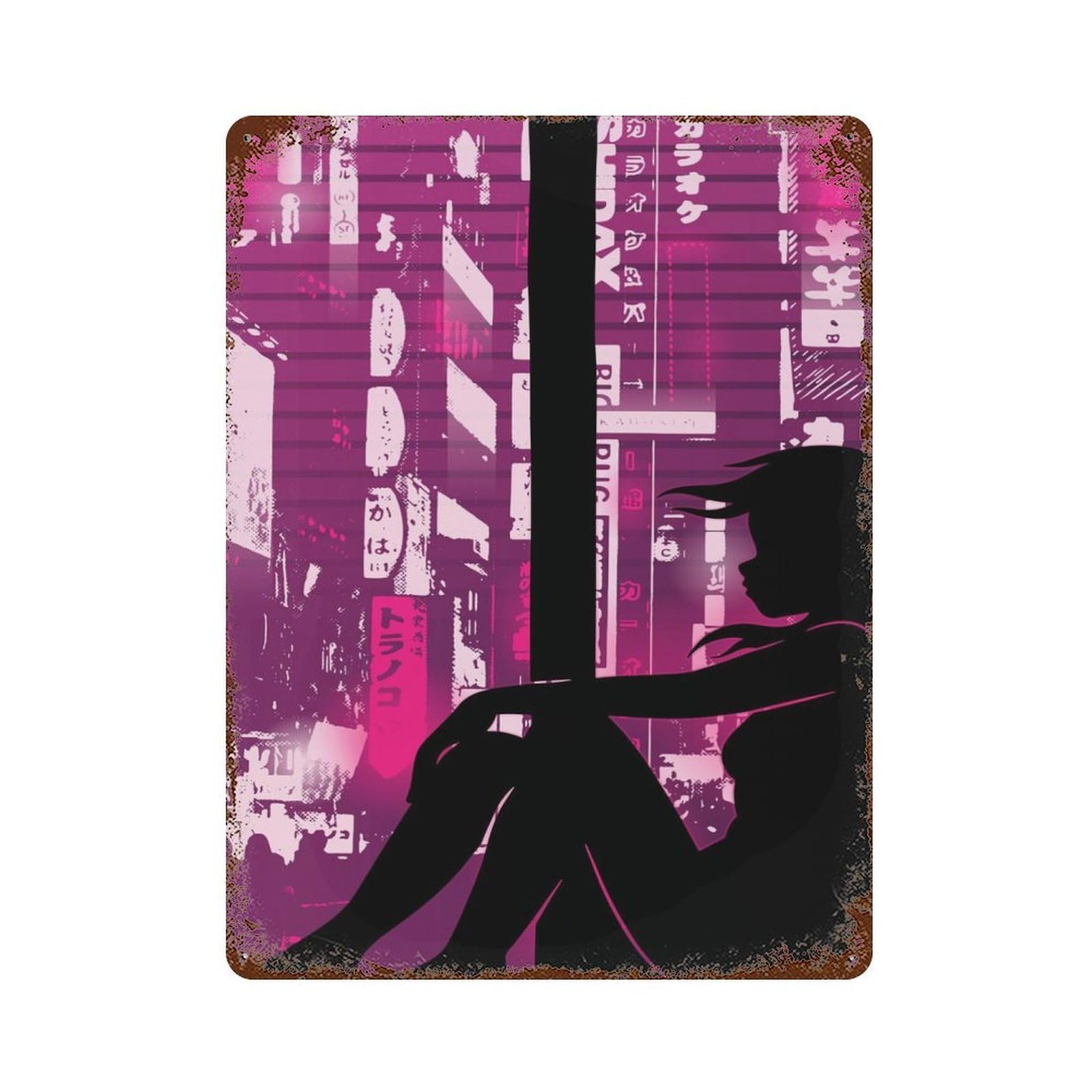 Rust Effect Vaporwave Sad Girl Glitch Distressed Metal Wall Sign 15.7"x11.8", Farmhouse Wall Decor for Office, Studio And Wall Decor