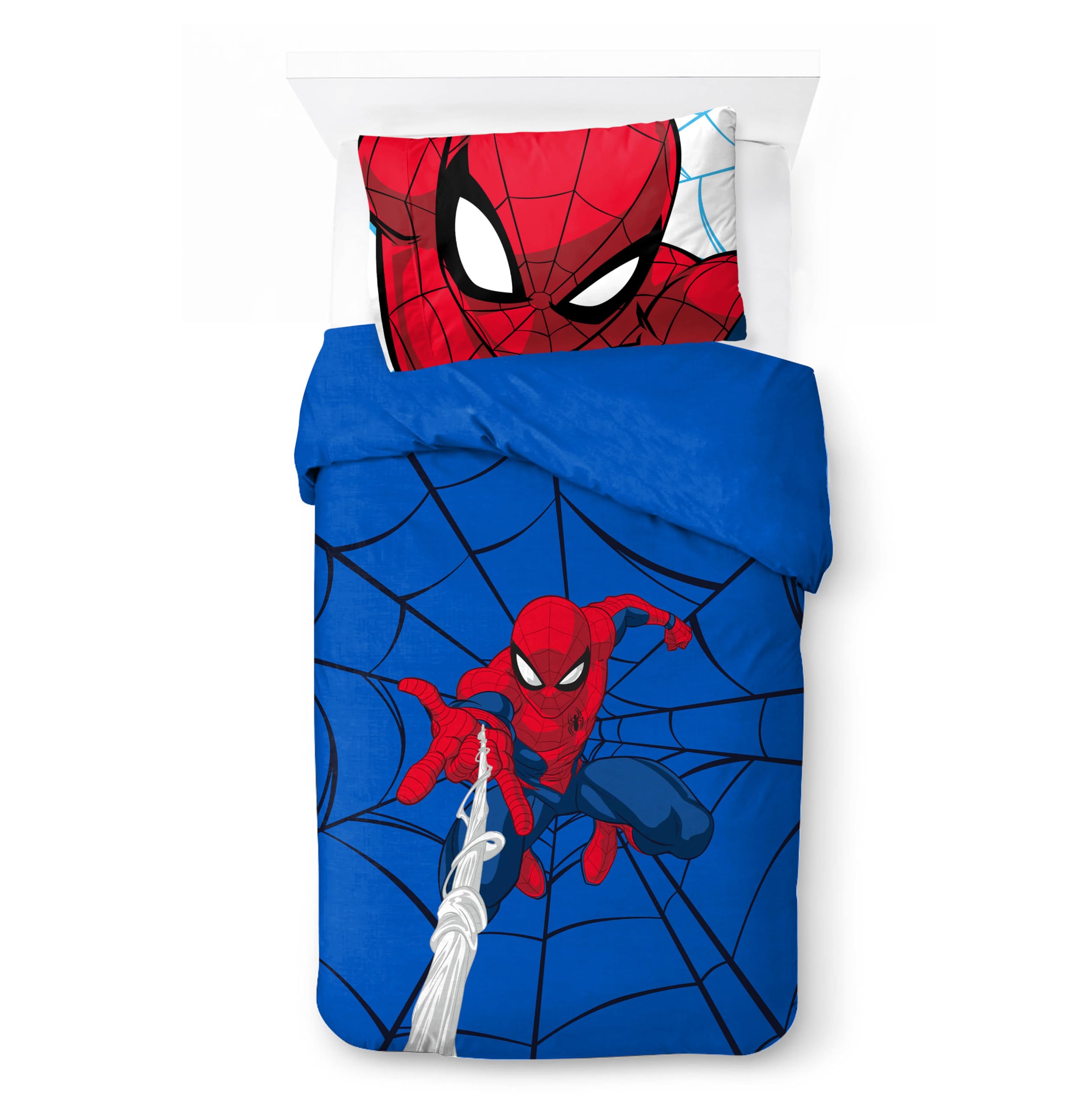 Jay Franco Children's Marvel Spiderman Bed Set Includes Fitted Sheet and Pillow Cover - Soft and Cosy Bedding for Room Decor, Official Licensed Product, Blue, 3 Piece Single