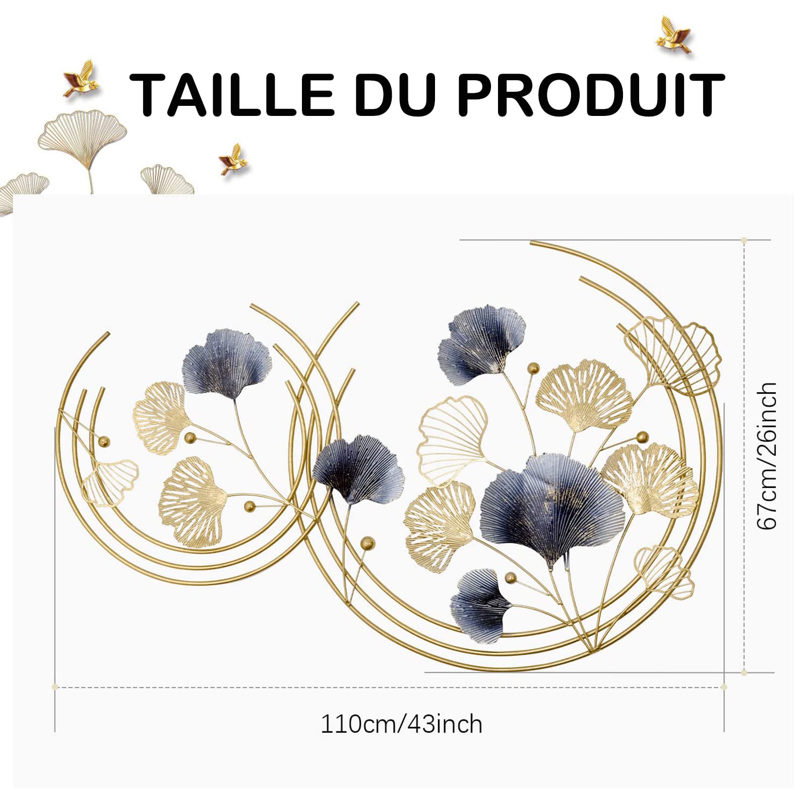 BHKERUZ 3D métal Statue de décoration Murale de Feuille de Ginkgo,110*67cm | Fer forgé Moderne, Artisanat entrée Couloir décoration Murale Ornement, pour Salle D'étude Chambre à Coucher Hôtel