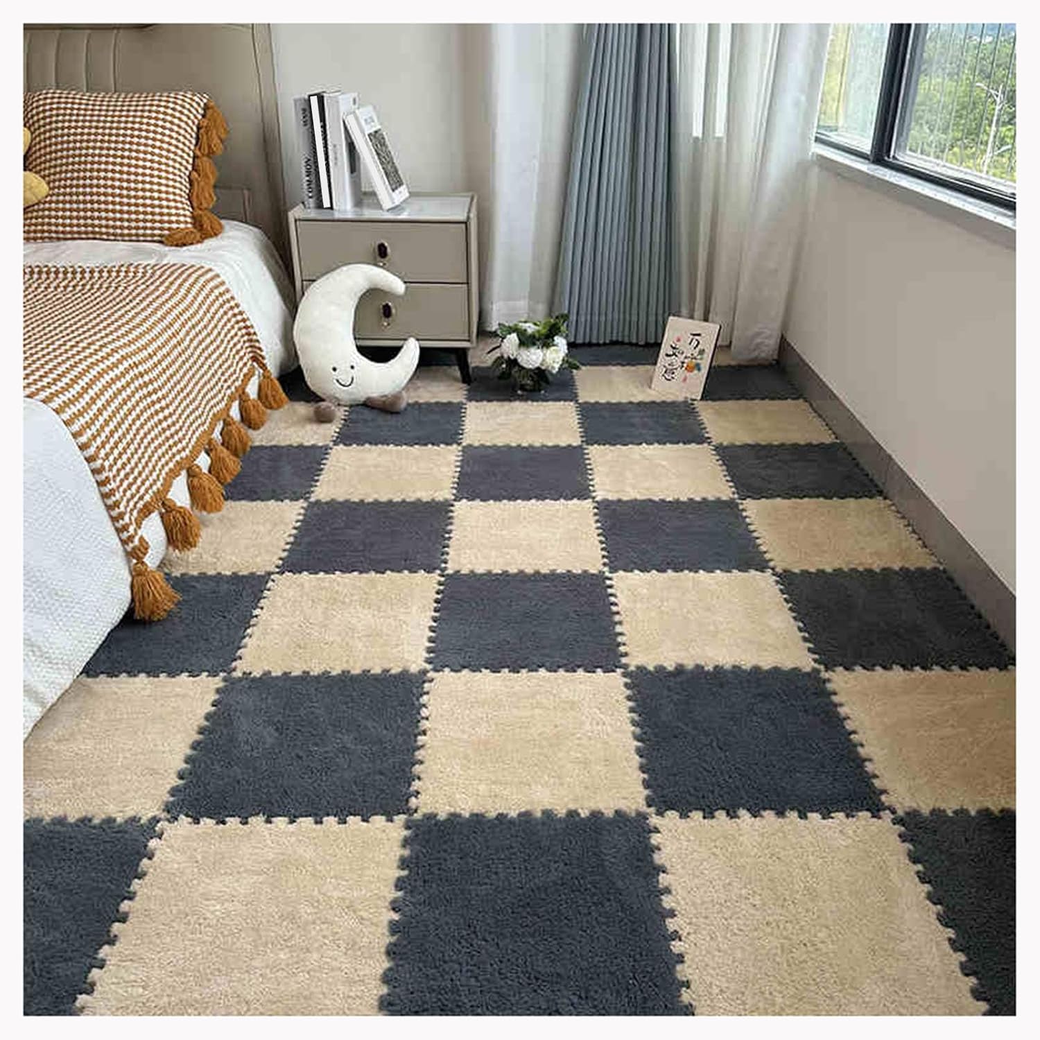 JvFbjLF Interlocking Foam Play Mat DIY Puzzle Foam Floor Rug 50pcs 30x30cm Square Foam Mats(Gray+Apricot)