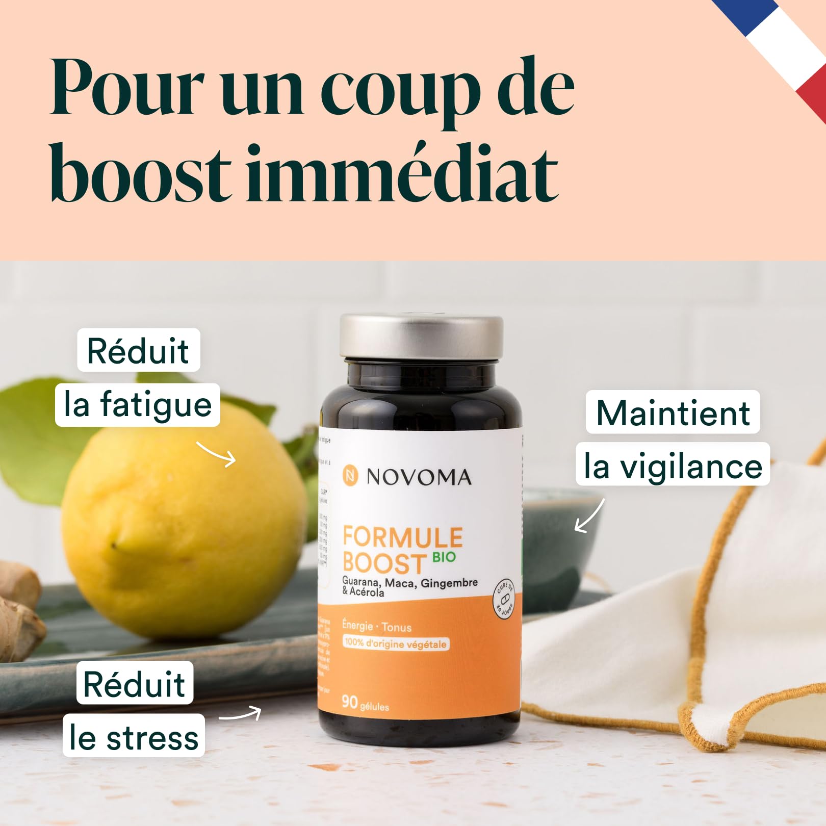 NOVOMA Formule Boost Bio, Complément Alimentaire pour Booster l'Énergie, Avec Guarana, Acérola, Maca & Gingembre, Riche en Caféine et Vitamine C Naturelle, 90 Gélules Vegan, Fabriqué en France