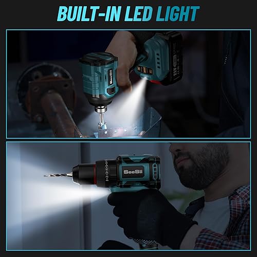 Miniatura 4 de SEESII Taladro inalámbrico de 21V máximo y atornillador de impacto, kit combinado de herramientas eléctricas incluido taladro de 3/8 pulgadas