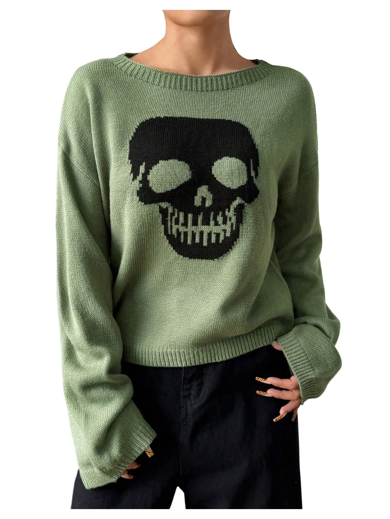 SHENHE Womens Skull Graphic Crew Neck Sweater Halloween Long Sleeve Knit Pullover Tops
