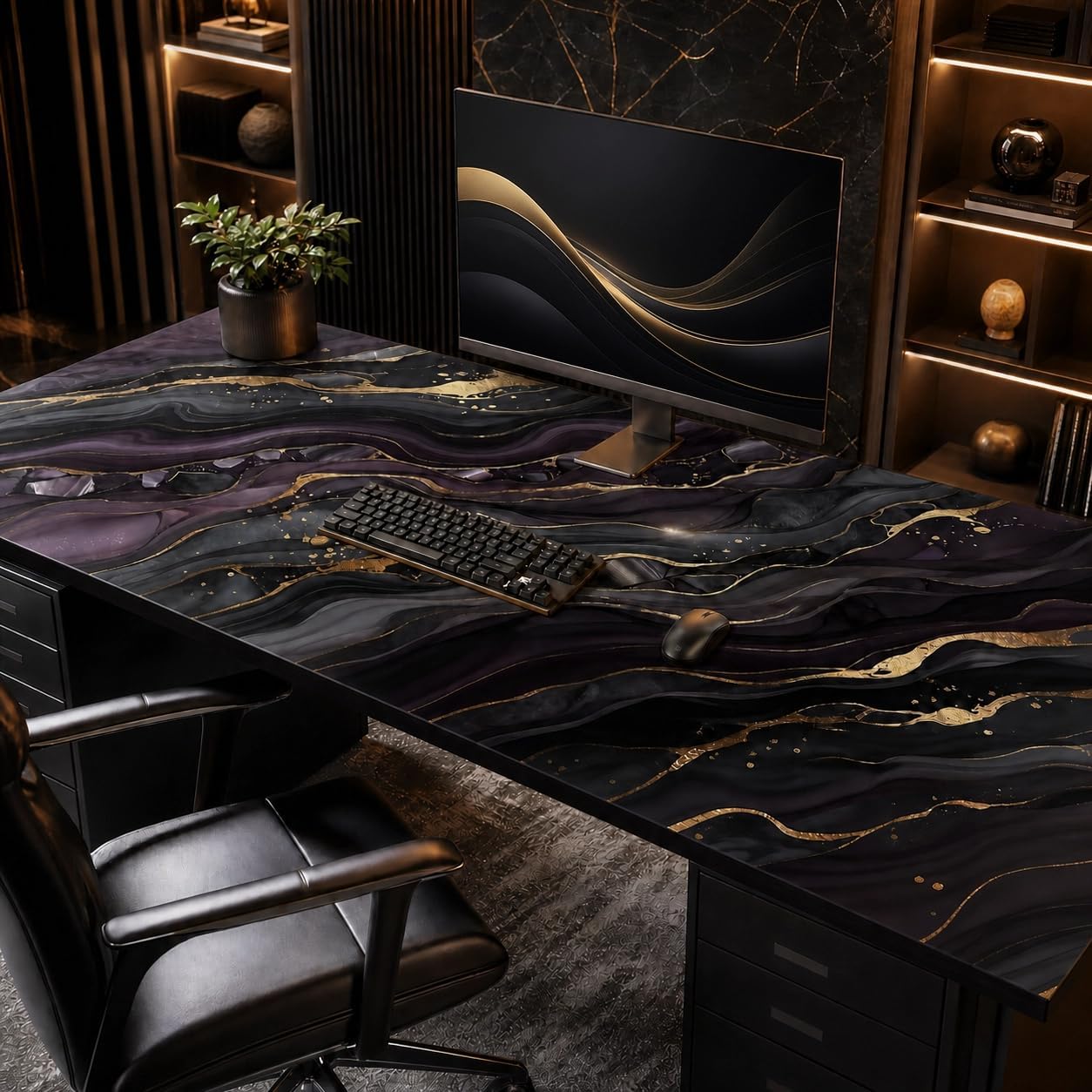 48x24in Black Gold Marble Mouse Pad, Luxury Abstract Desk Mat
