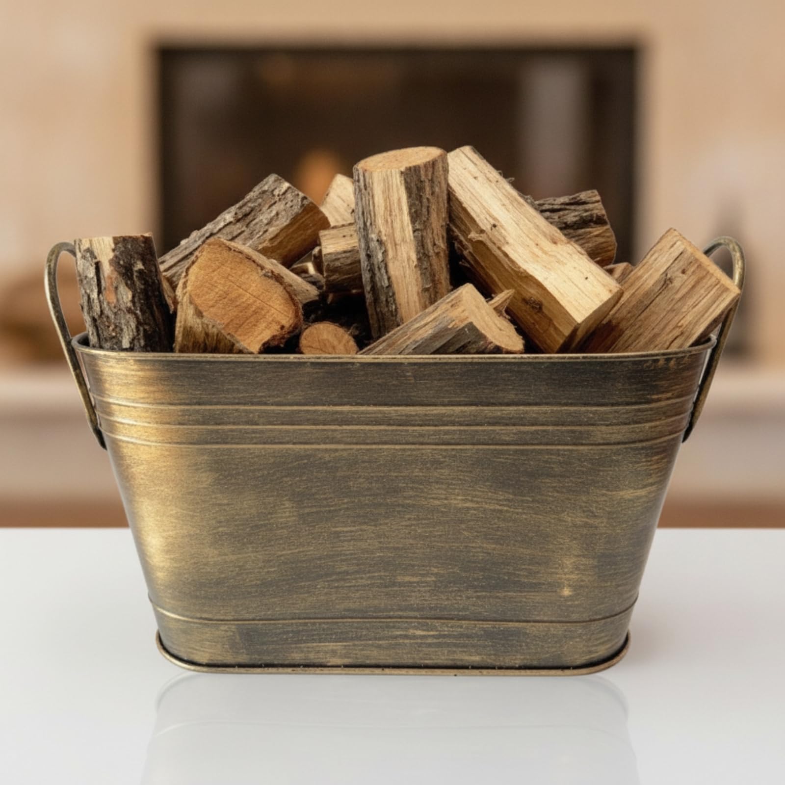 Milageto Contenedor de Carbón para Chimenea Cubo Balde Cubeta Leñera con Asas de Hierro Resistente y Acabado Bronce Diseño Ovalado Abierto y Portátil Adecuado para Sala de Estar Patio