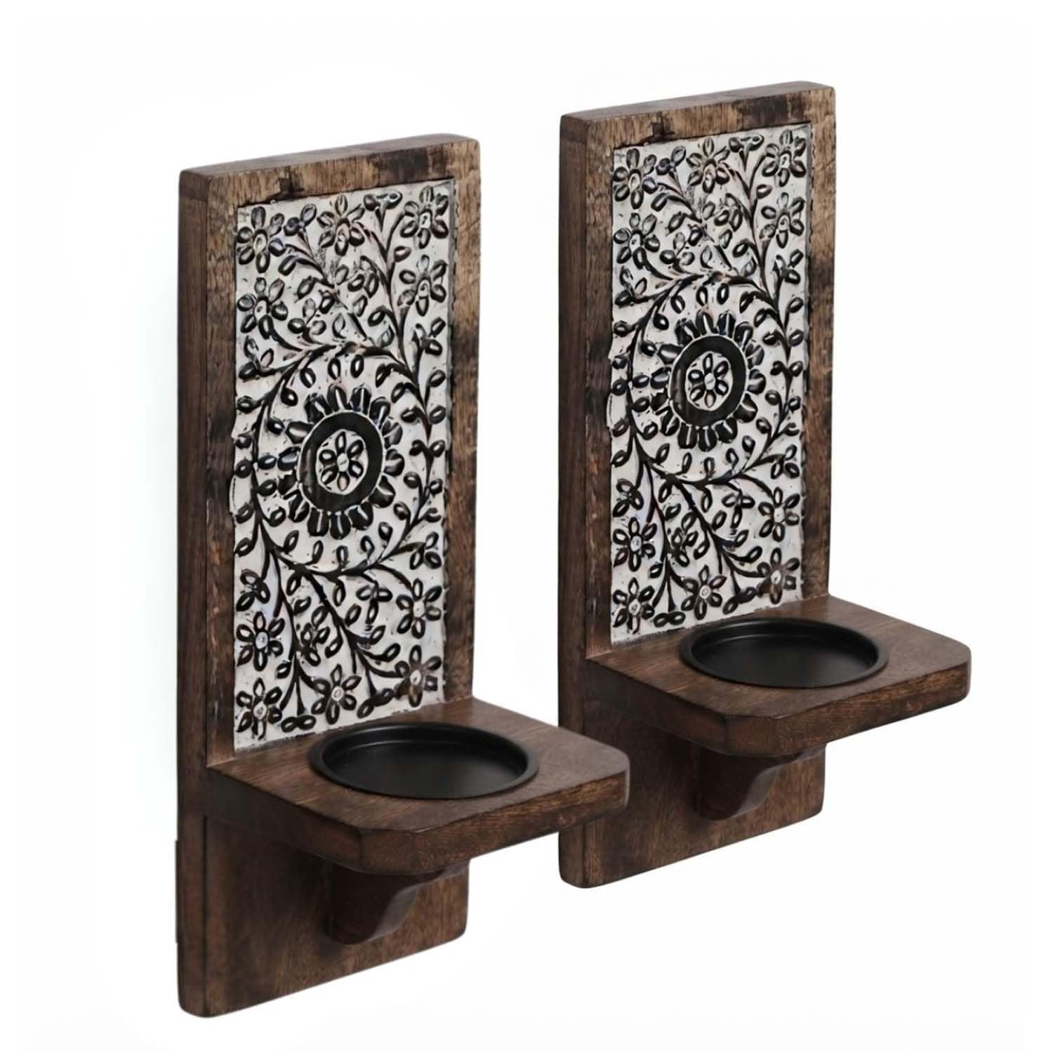 Wall Mount Rustic Candle Sconces, Set of 2, Wooden Floating Shelf Pillar Holders, Farmhouse Style, Antique Burnt, 16 Inch, for Living Room and Bedroom Flower