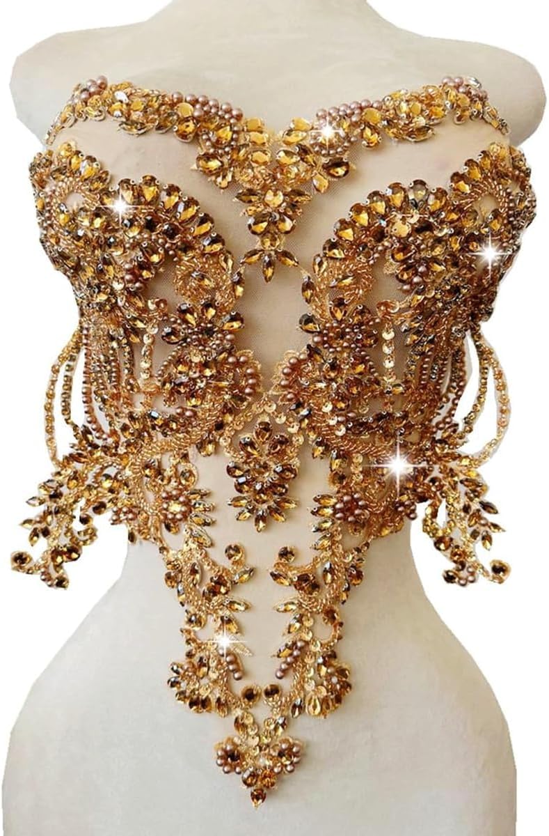 Handmade red/Blue/Gold/Green Rhinestones lace Bodice Applique Sewing Beads Crystal Trim Patches Accessory for Dress Clothes (Red)