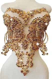 Handmade red/Blue/Gold/Green Rhinestones lace Bodice Applique Sewing Beads Crystal Trim Patches Accessory for Dress Clothes (Light Champagne)