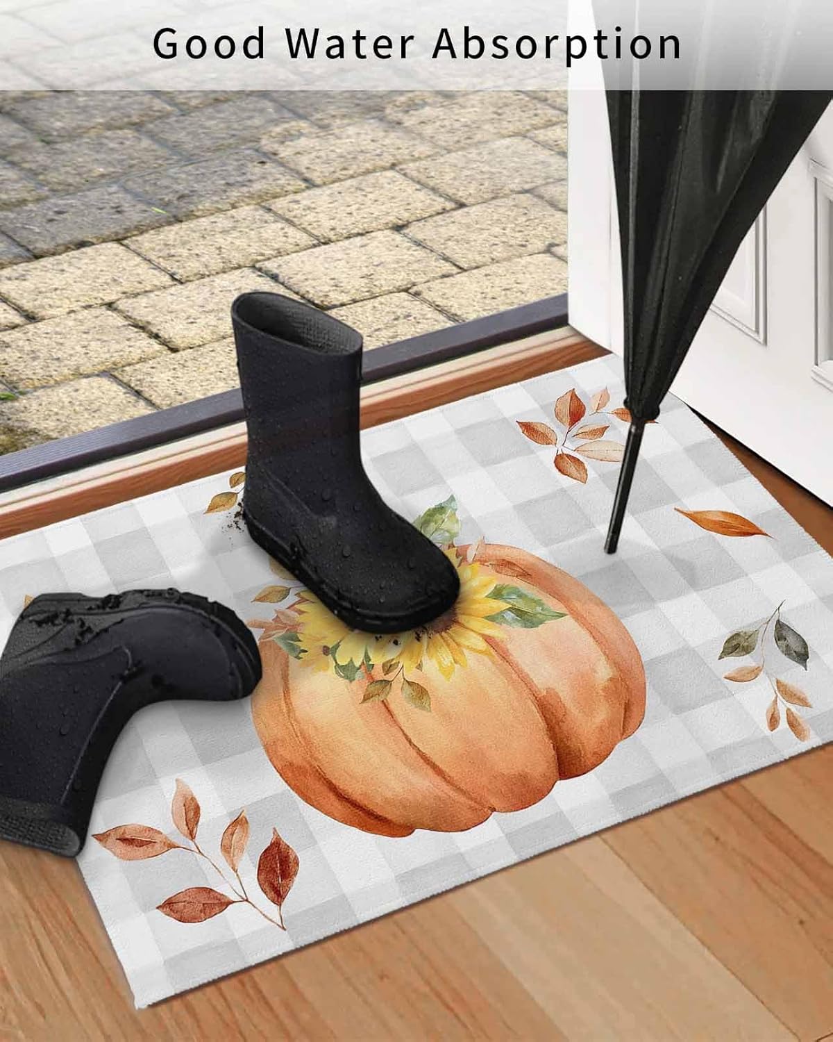 Front Door Mat, Absorbent Door Entry Mats, Doormats Indoor Entrance Small Rugs, Fall Thanksgiving Watercolor Pumpkin Eucalyptus Leaves Sunflower Gray Gingham Doormat - Floor Mats for Home 24x36 Inch