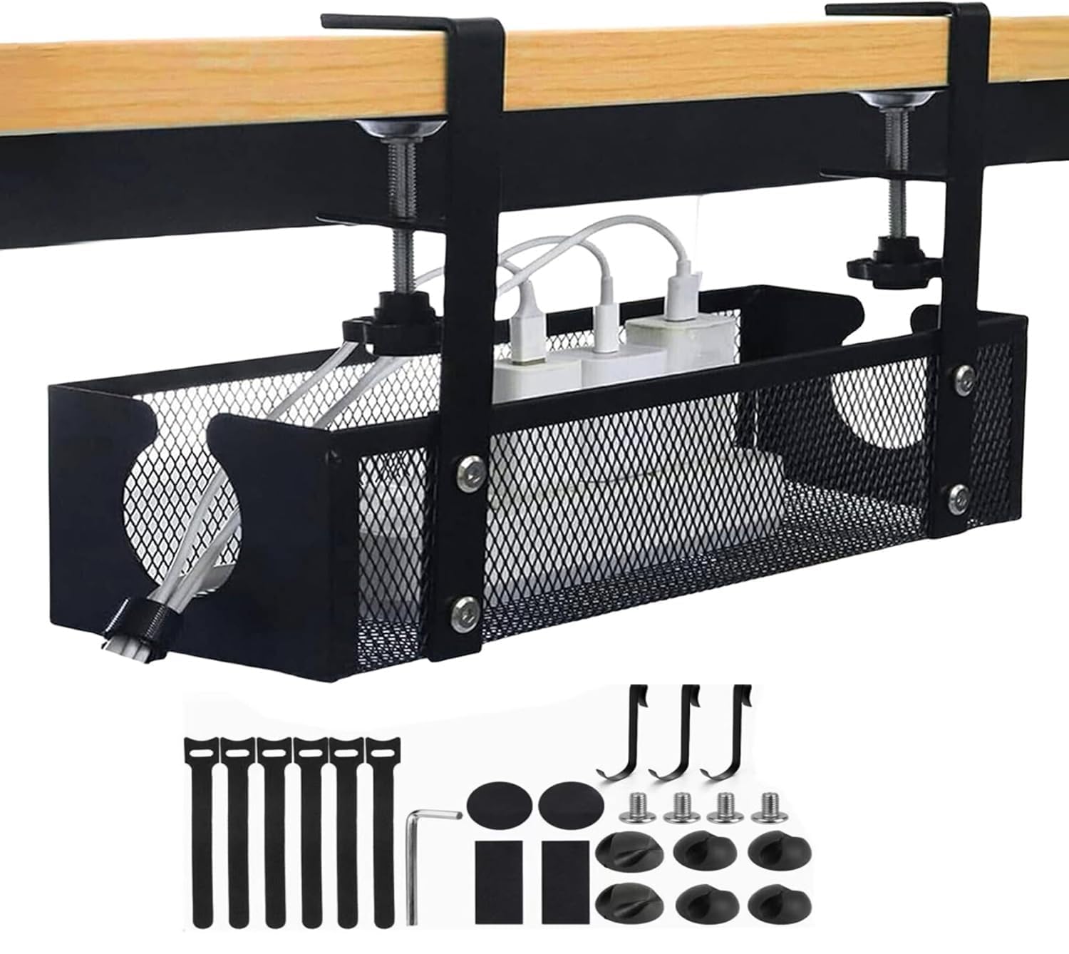 HSYDIY Under Desk Cable Management Tray- No Drill Steel Cord Management Under Desk Wire Box- Adjustable Desk Cable Organizer- No Damage To Desk Standing Desk Cable Management For Office & Home,Black