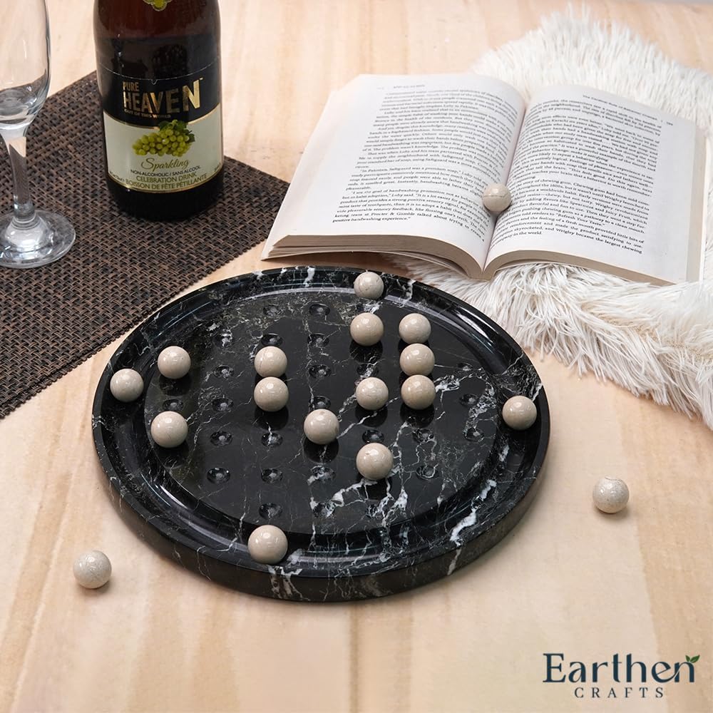 Marble Solitaire Board Game 10" Black Single Player Logic & Focus Board Game with 42 Verona Marble Balls, Modern Coffee Table Game for Family
