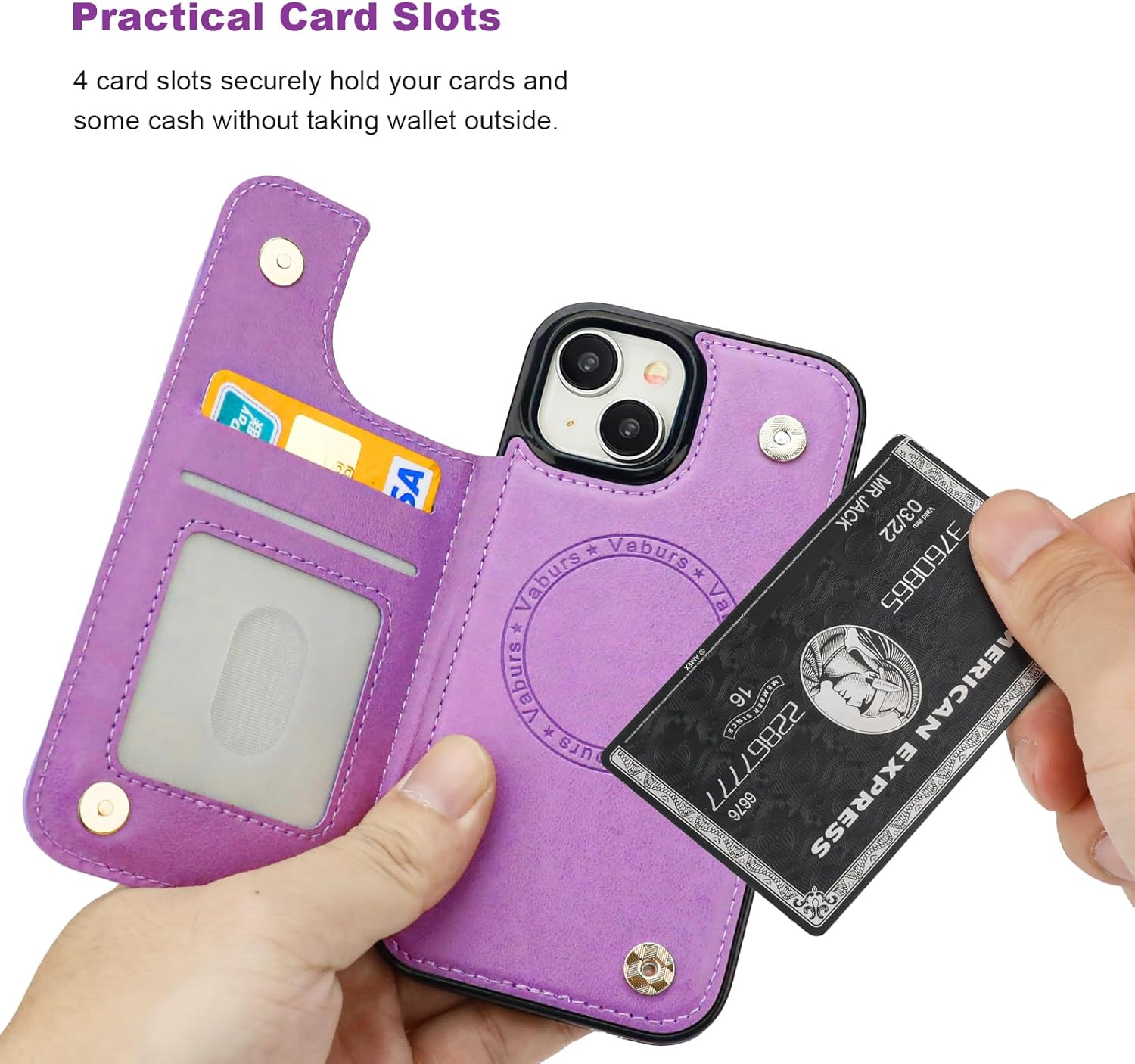 Vaburs for iPhone 15 Case Wallet Compatible with MagSafe Wireless Charging Card Holder, Embossed Butterfly Pattern PU Leather Double Buttons Flip Protective Shockproof Cover for 6.1 Inch(Purple)