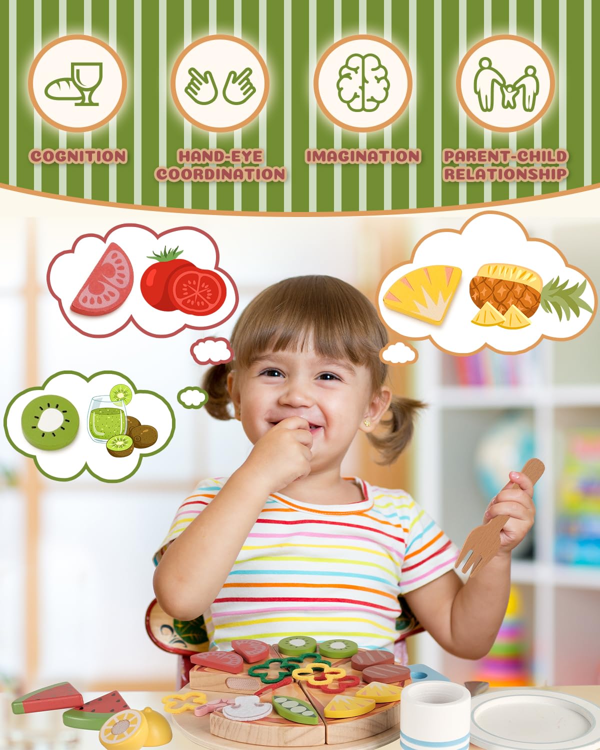 Wooden Pizza Toy, Wooden Food Toys for Toddlers 1-3, Wooden Play Food with Basket, Pretend Play Toys for Kids, Kitchen Playset for Toddlers 3-5, Cutting Food Toys, Gift for Girls Boys 3 4 5 6