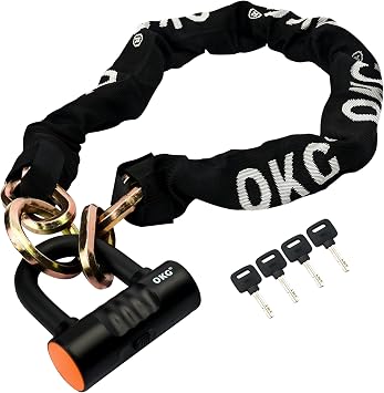 OKG Heavy Duty Chain Lock - 4 Keys, 11lbs, 4 ft x 1/2 in (12mm) Thick Cinch Security Chain Combo 11/16 (18mm) Small U Lock for Motorcycles, Mopeds, E-Bikes, Trailers, ATVs, etc.