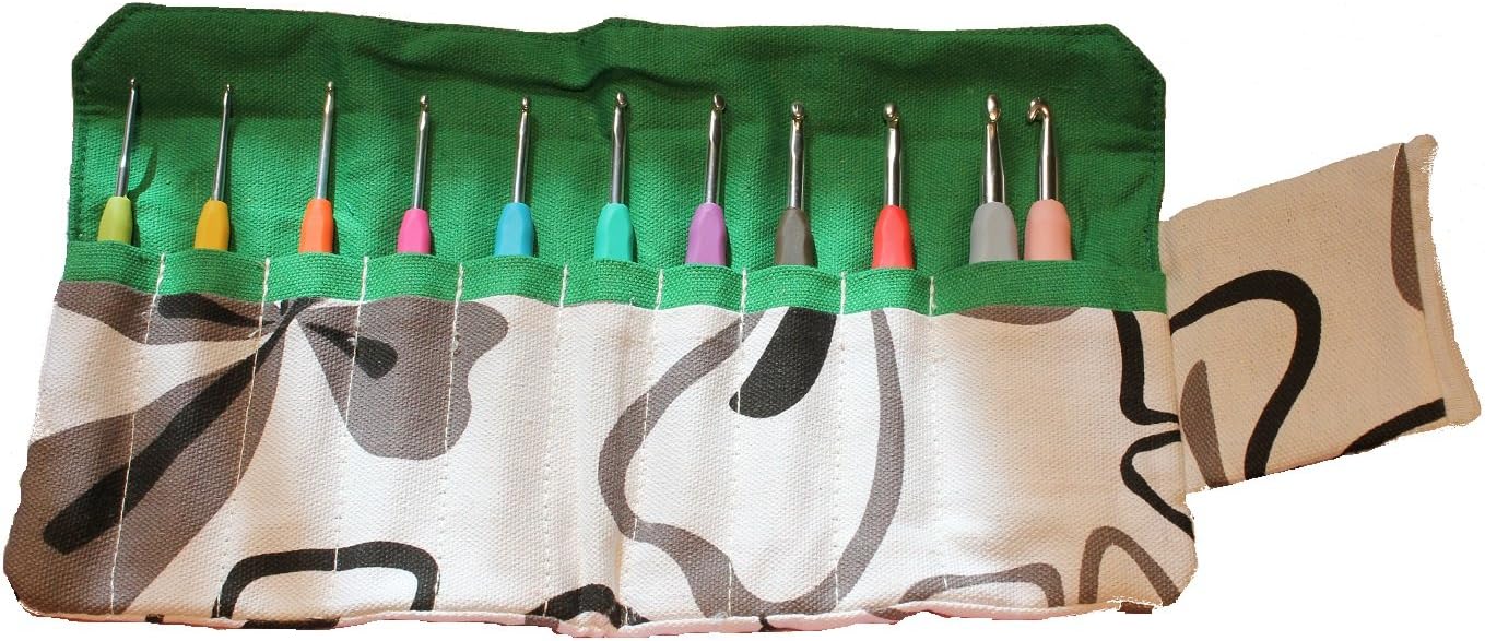 Sparkling Pumpkin 11 Piece Crochet Hooks Soft Handles & Easy Grip with Ergonomic Handles in a Green Floral Canvas Case