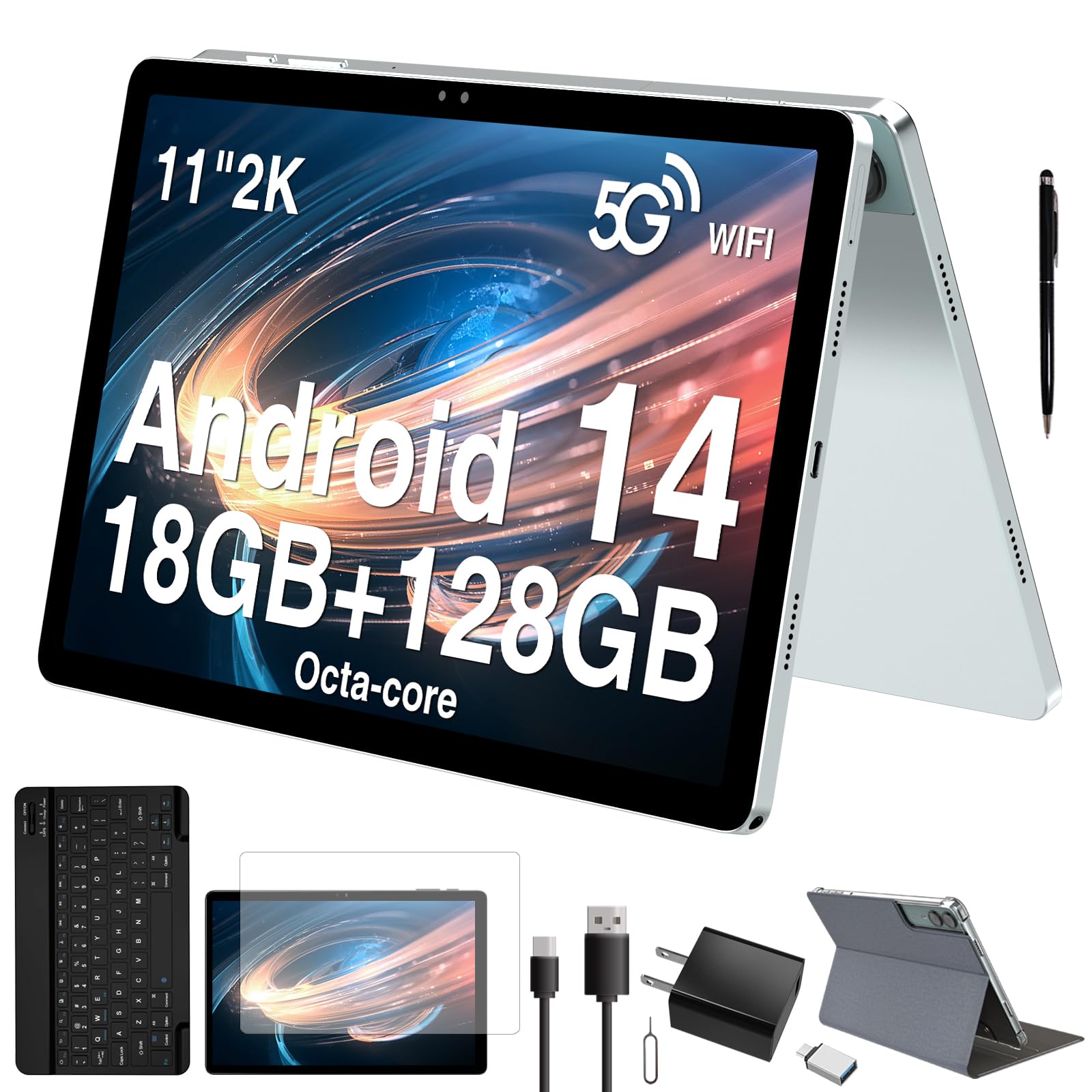 2025 Última tableta Android 14 de 11 pulgadas, 18 GB de RAM, 128 GB de ROM, 1 TB expandible, pantalla 2K, T616 Octa-Core, cámara de 13MP + 5MP + 5MP, batería de 9000 mAh, GPS, Face ID, altavoces cuádruples, tableta con teclado y lápiz