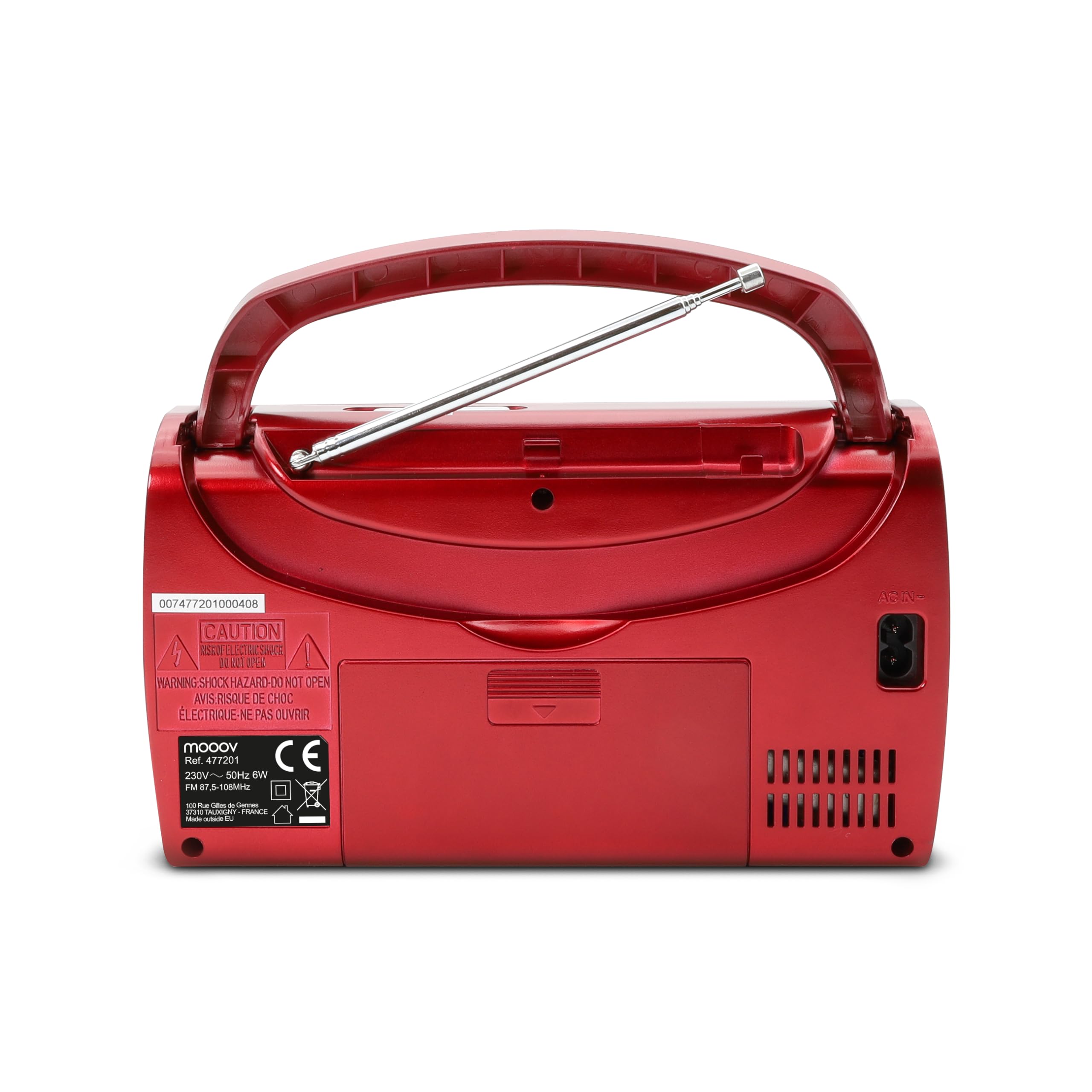 MOOOV 477201 Radio Portable à Pile FM/AM, Tuner Affichage Digital, Poste avec Poignée de Transport Rabattable, Facile d'Utilisation, Fonction Heure & Alarme, Secteur ou Piles - Rouge