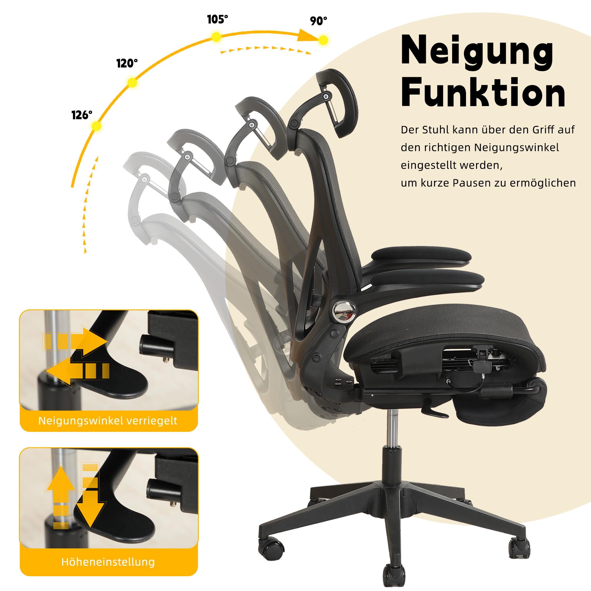 MURUL Silla de oficina ergonómica plegable negra con soporte lumbar, respaldo de malla y cojín de asiento, reposabrazos plegables, reposacabezas 3D, reposapiés, altura ajustable
