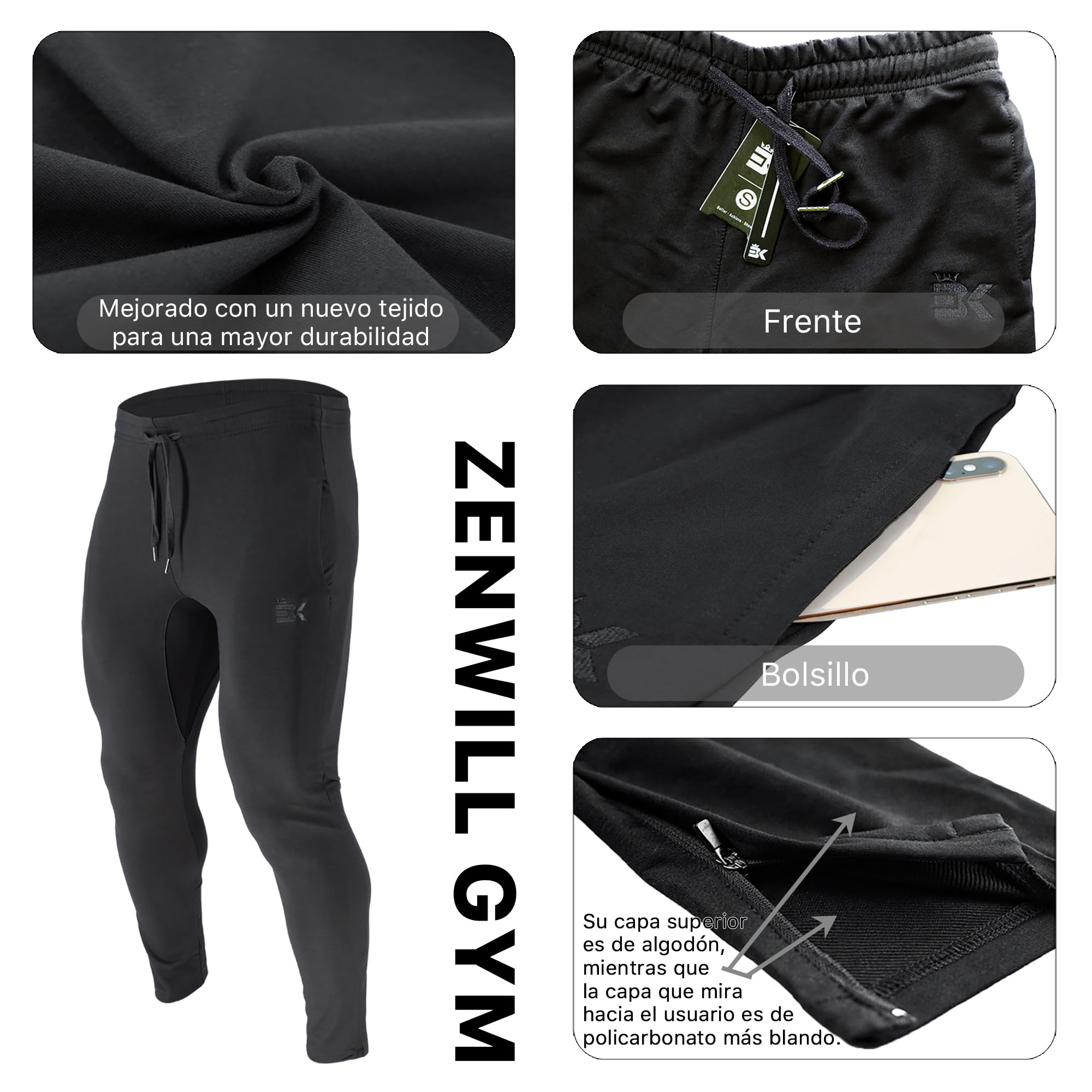 ZENWILL Pantalon Chandal Hombre Cremallera Deporte Jogger | Pantalon Gym Algodón Hombre Bolsillo Cremallera, Cómodos Pantalón Deportivo Hombre Gimnasio, Pantalones Largo Fitness Running