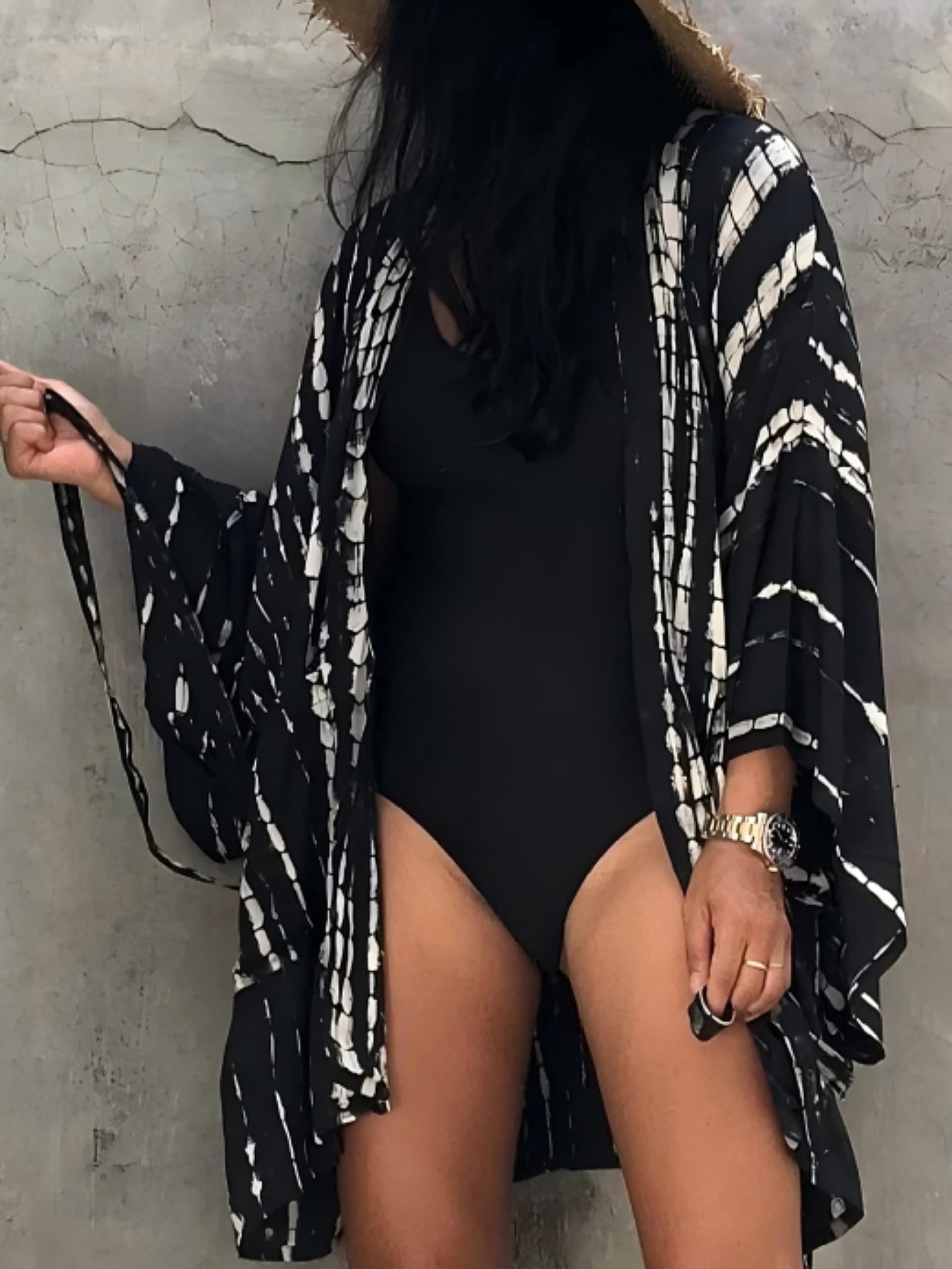 Cárdigan corto de kimono de manga larga para mujer, con cinturón, blusa de playa, blazer monocolor, estampado de leopardo, manga ancha