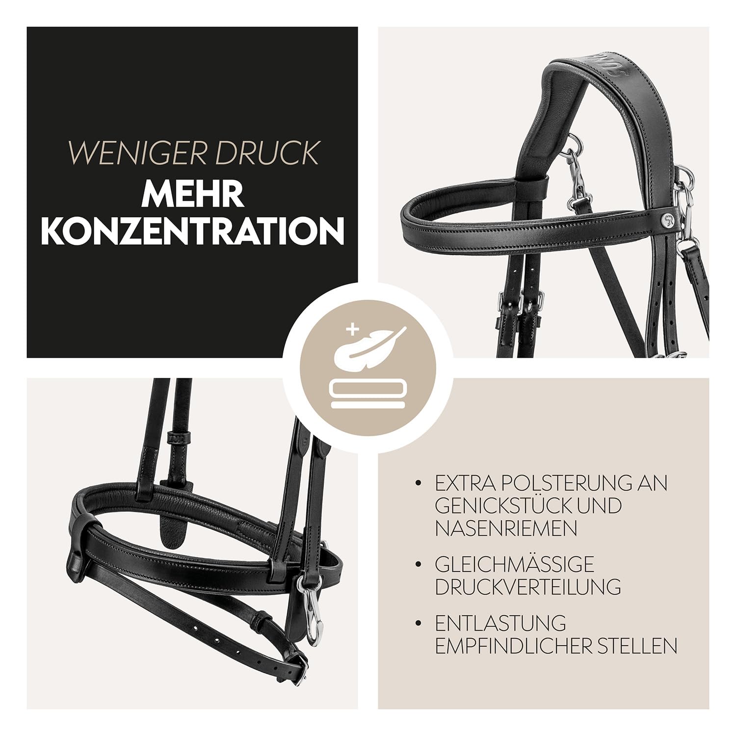 SUNRIDE Englisch kombinierte Trense für Pferde mit Zügeln weiches Echtleder extra Polsterung anatomisch verstellbar Click&Ride handgefertigt rostfrei schwarz Cob